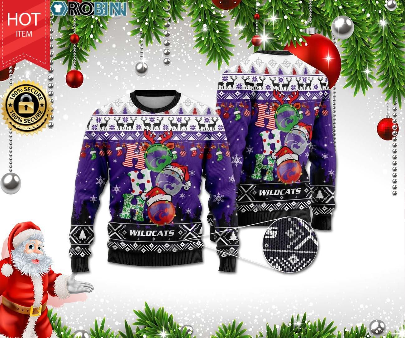 Kansas State Wildcats Ho Ho Ho 3D Ugly Christmas Sweater Adult 3D Funny Matching for family