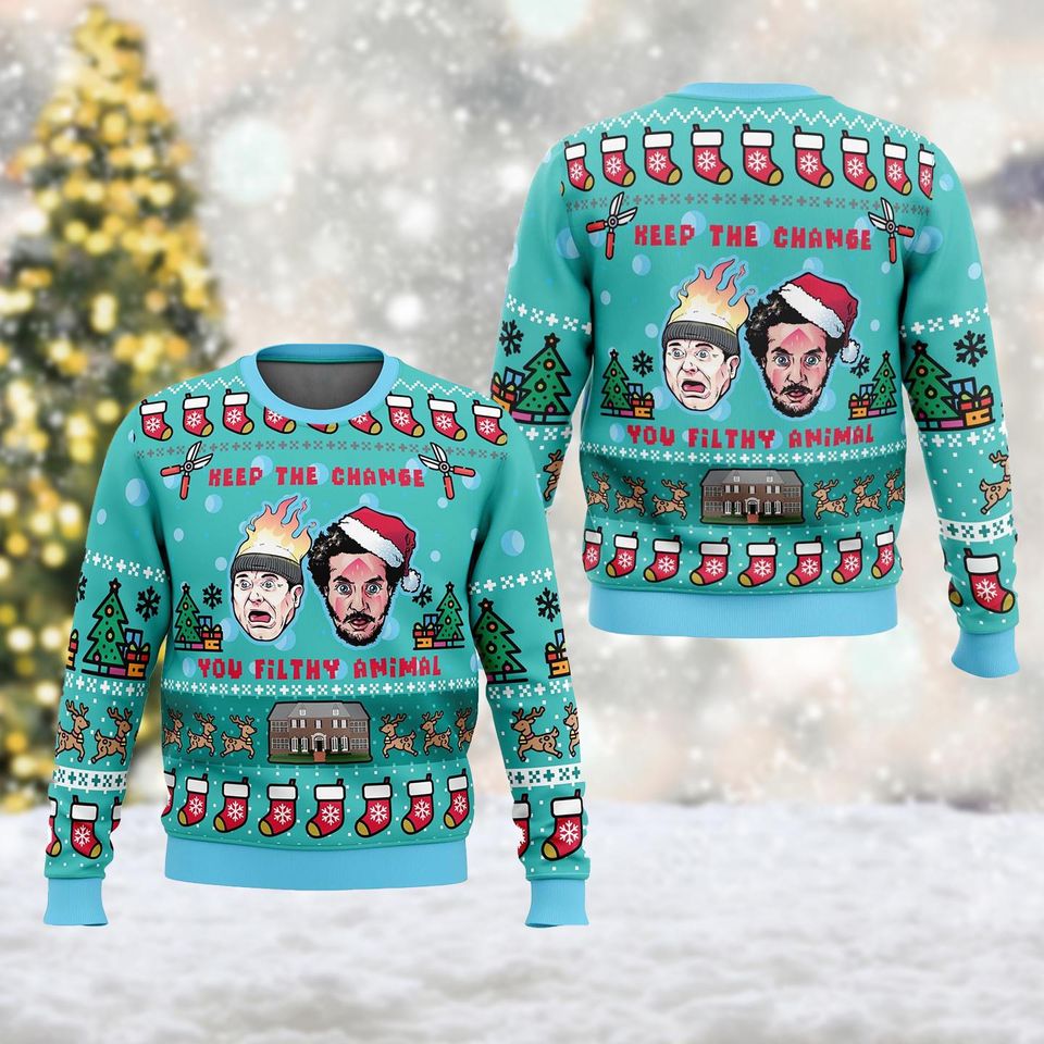 Keep The Change You Filthy Animal Ugly Christmas Sweater, Home Alone Movie Xmas - Image 3
