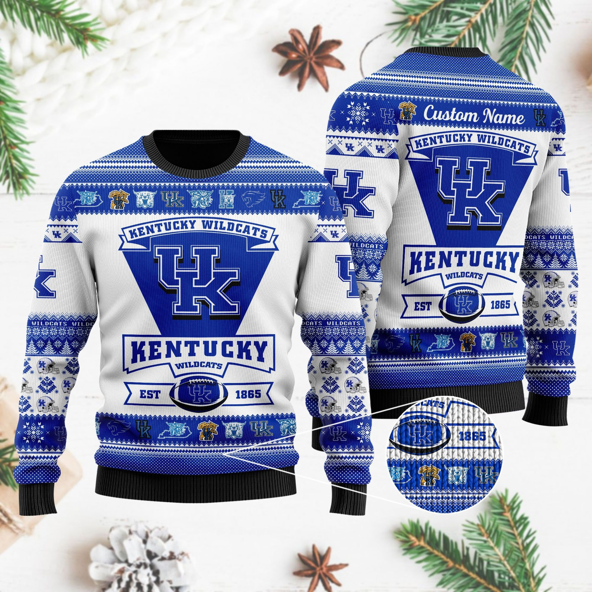 Kentucky Wildcats Football Team Logo Custom Name Personalized Ugly Christmas Sweater Adult 3D Funny Matching for family
