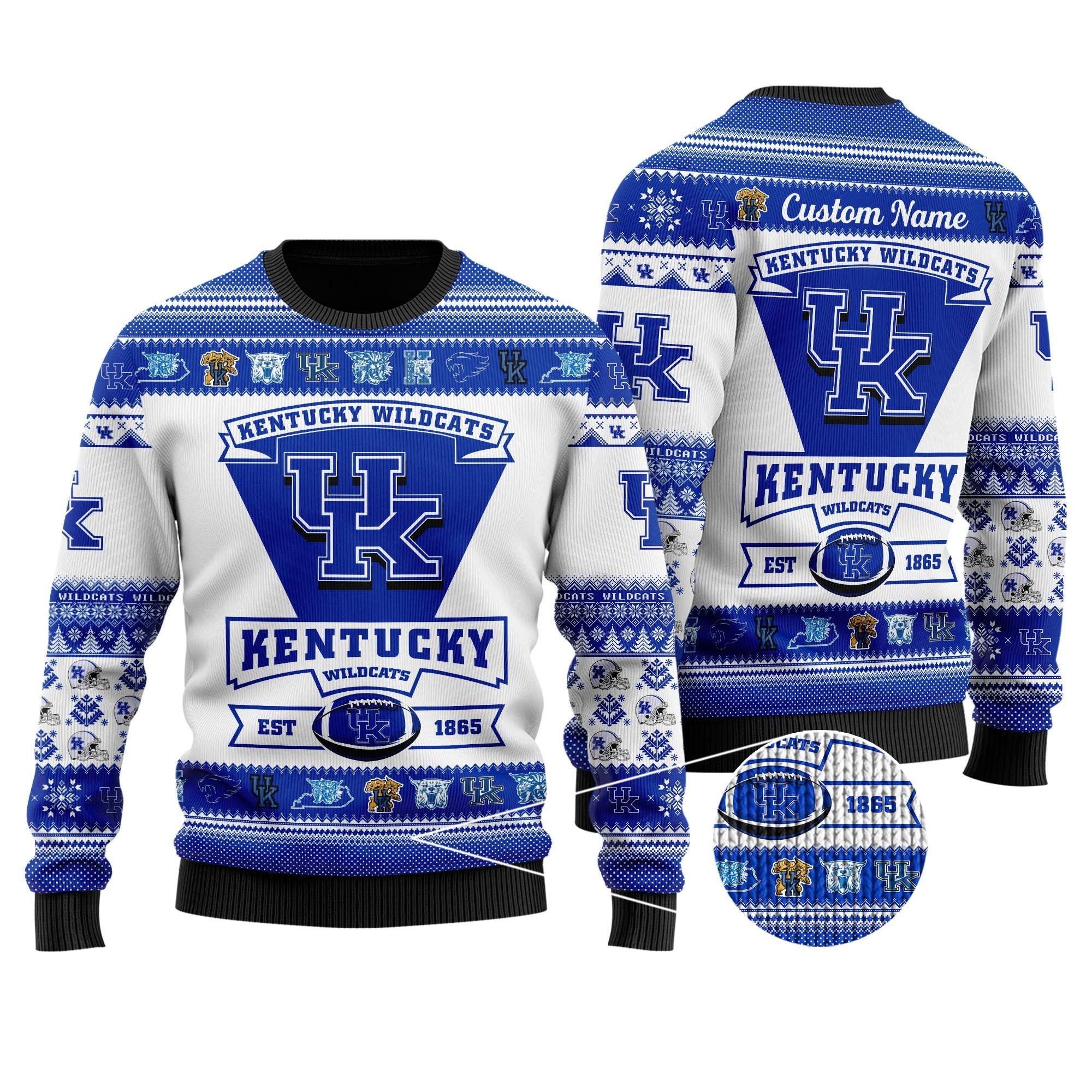 Kentucky Wildcats Football Team Logo Custom Name Personalized Ugly Christmas Sweater Adult 3D Funny Matching for family - Image 2