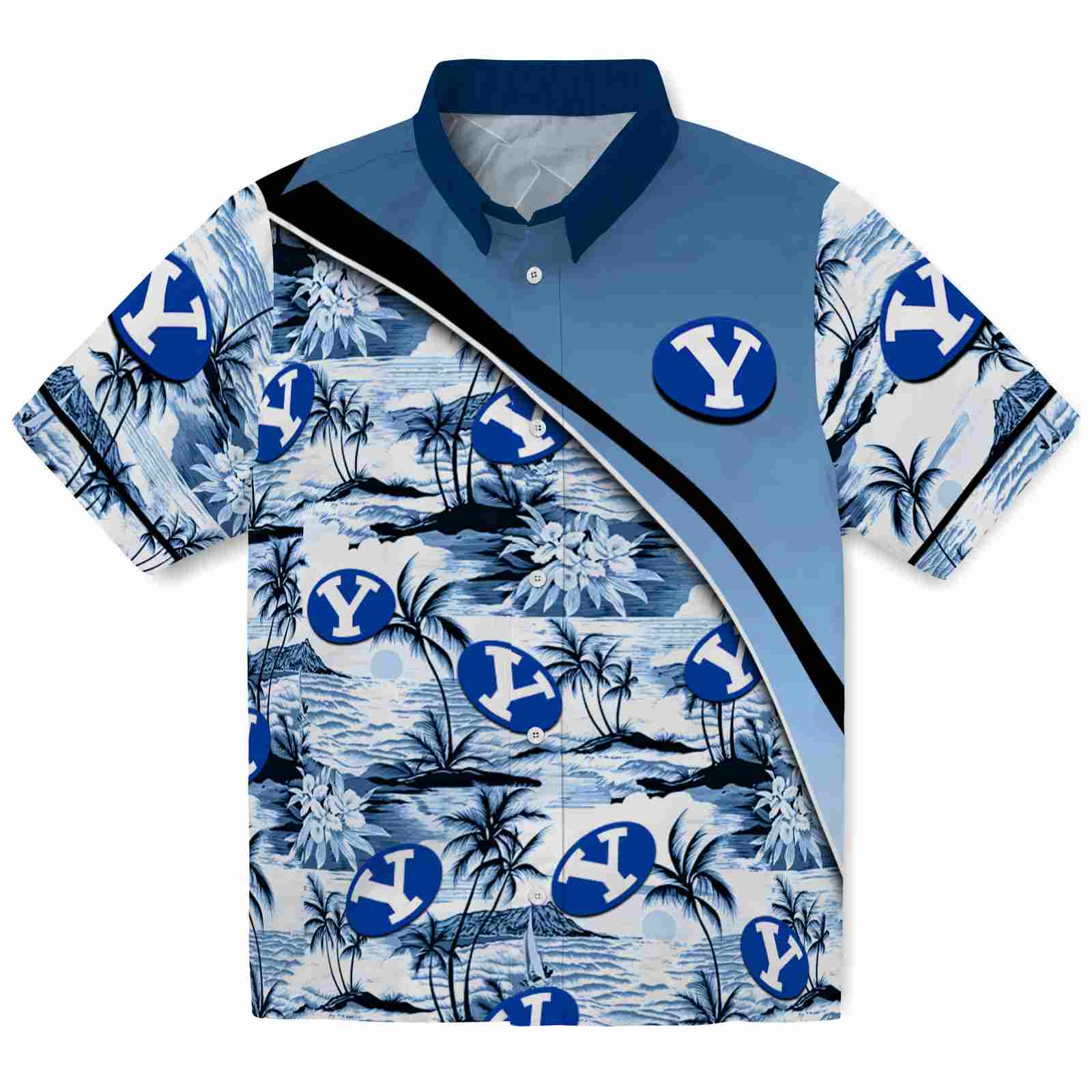 Keptsake BYU Cougars Sunset Palms Blue White Premium Hawaiian Shirt