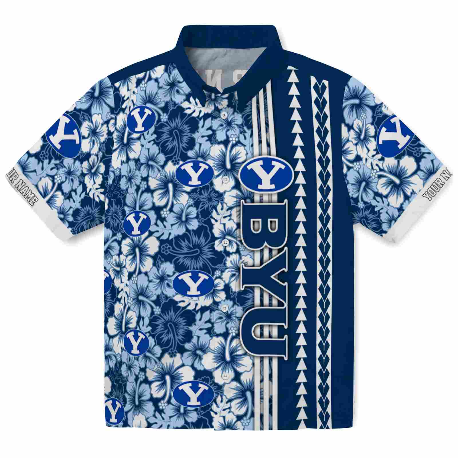 Keptsake Custom BYU Cougars Hibiscus Arrows Blue White Premium Hawaiian Shirt