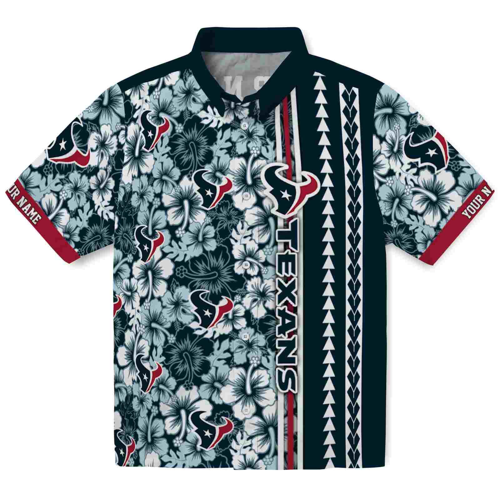 Keptsake Custom Houston Texans Hibiscus Arrows Blue White Premium Hawaiian Shirt