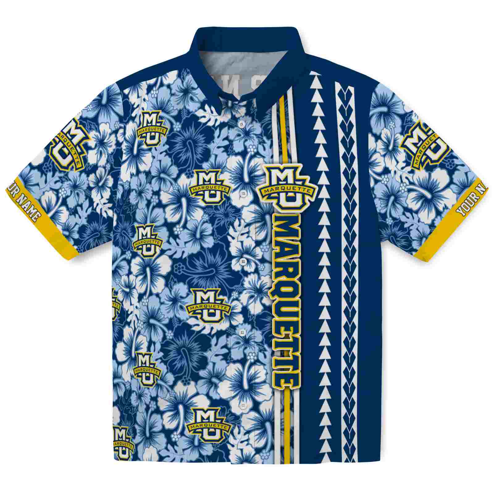 Keptsake Custom Marquette Golden Eagles Hibiscus Arrows Blue White Premium Hawaiian Shirt