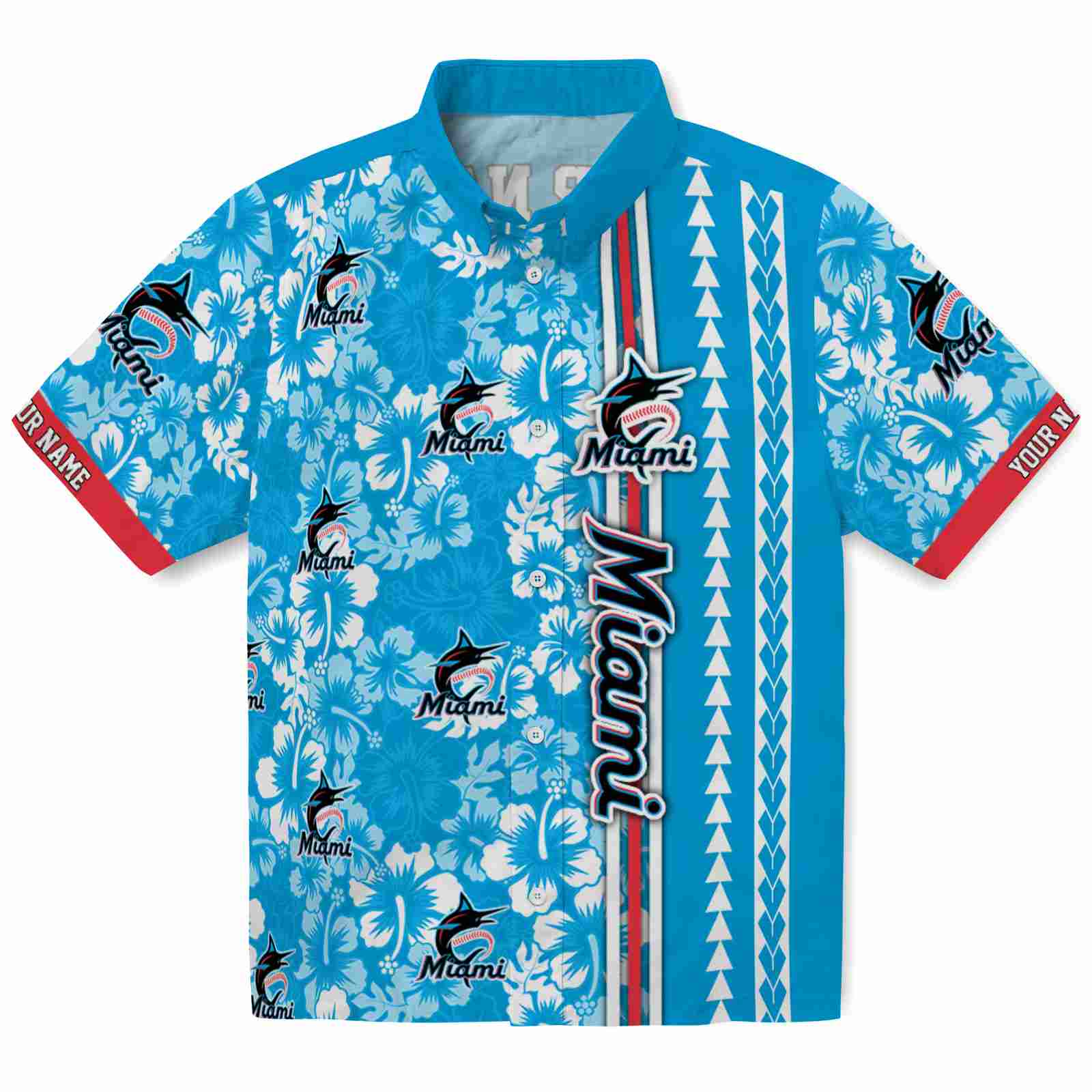 Keptsake Custom Miami Marlins Hibiscus Arrows Blue White Premium Hawaiian Shirt