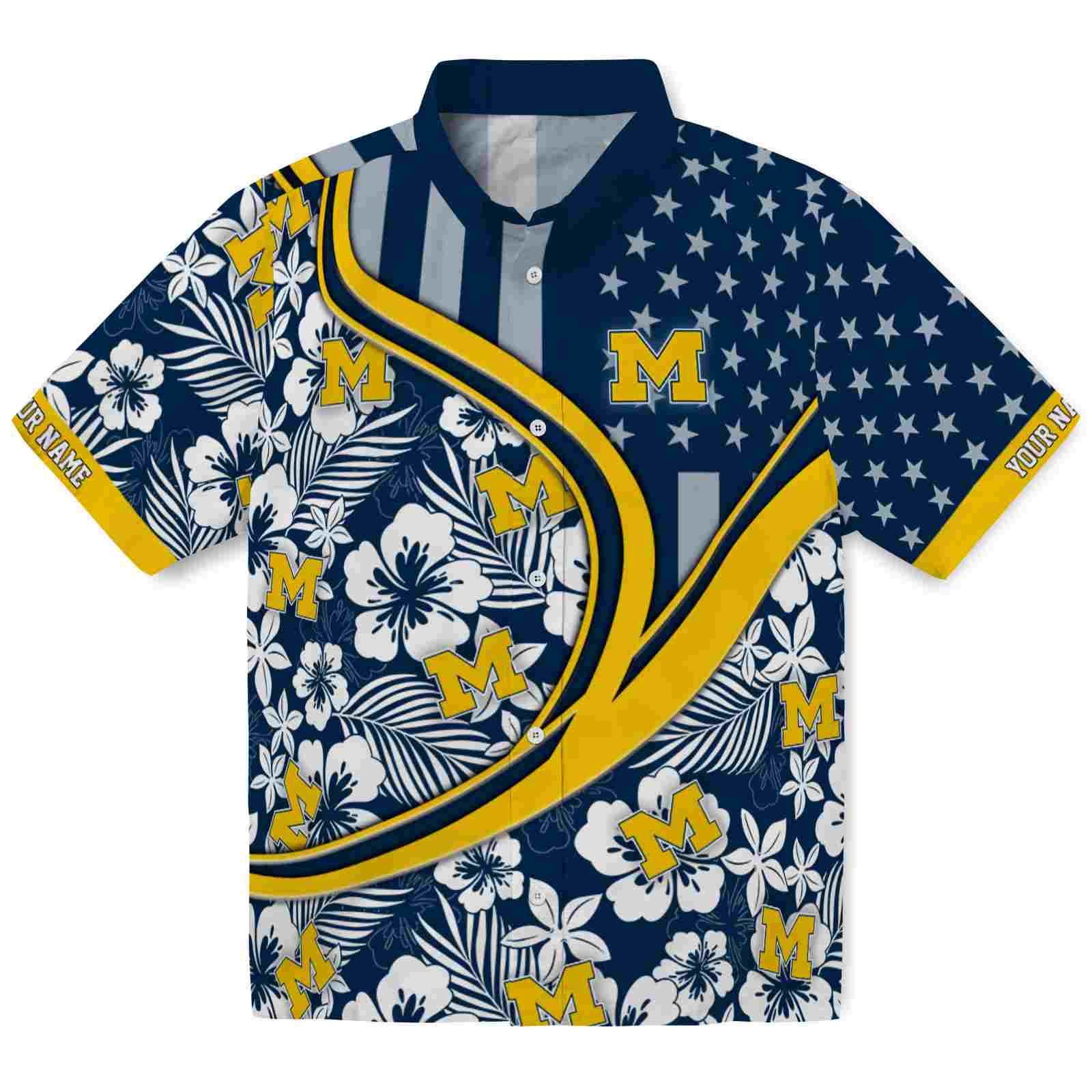 Keptsake Custom Michigan Wolverines Floral Wave Blue White Premium Hawaiian Shirt