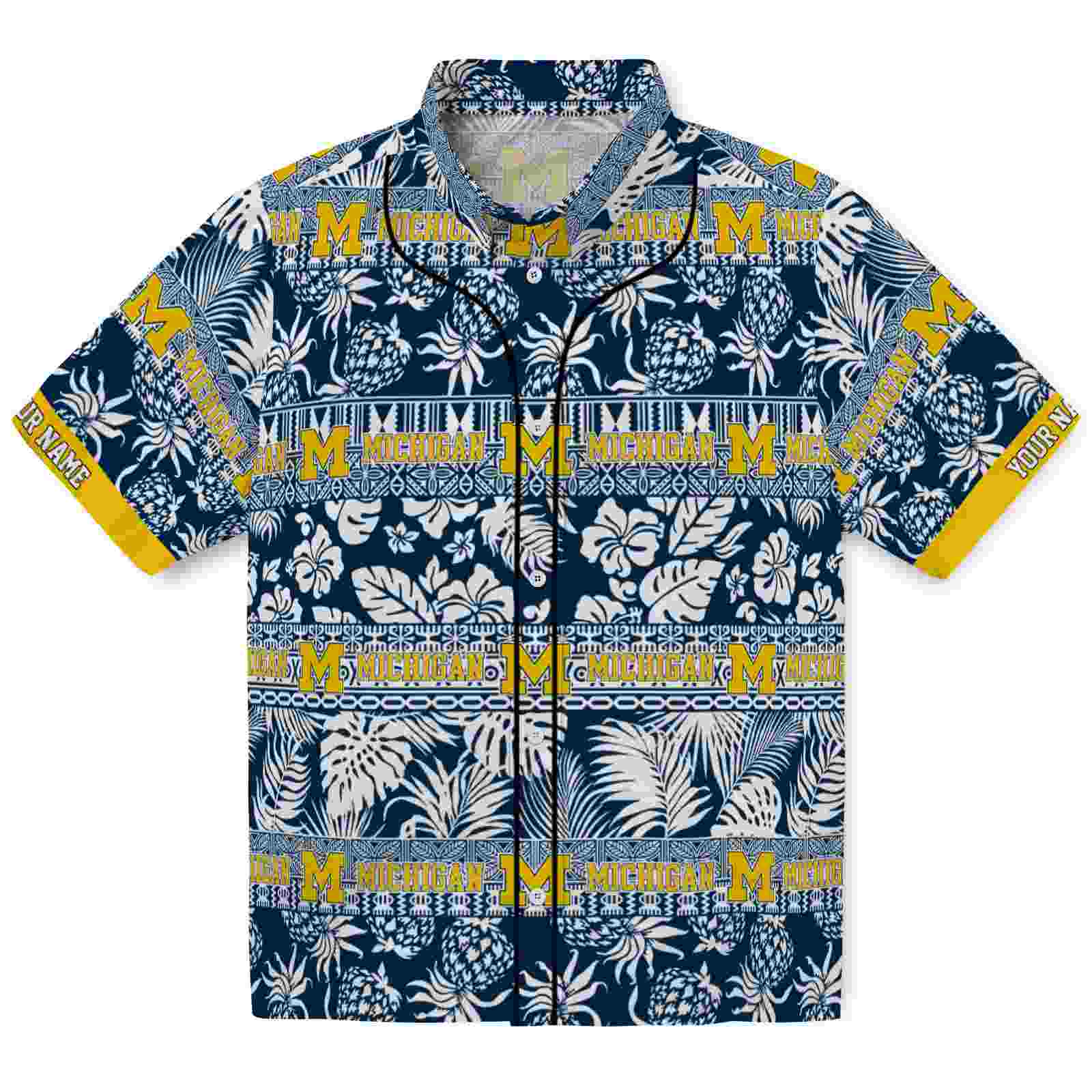 Keptsake Custom Michigan Wolverines Tribal Stripes Blue White Premium Hawaiian Shirt