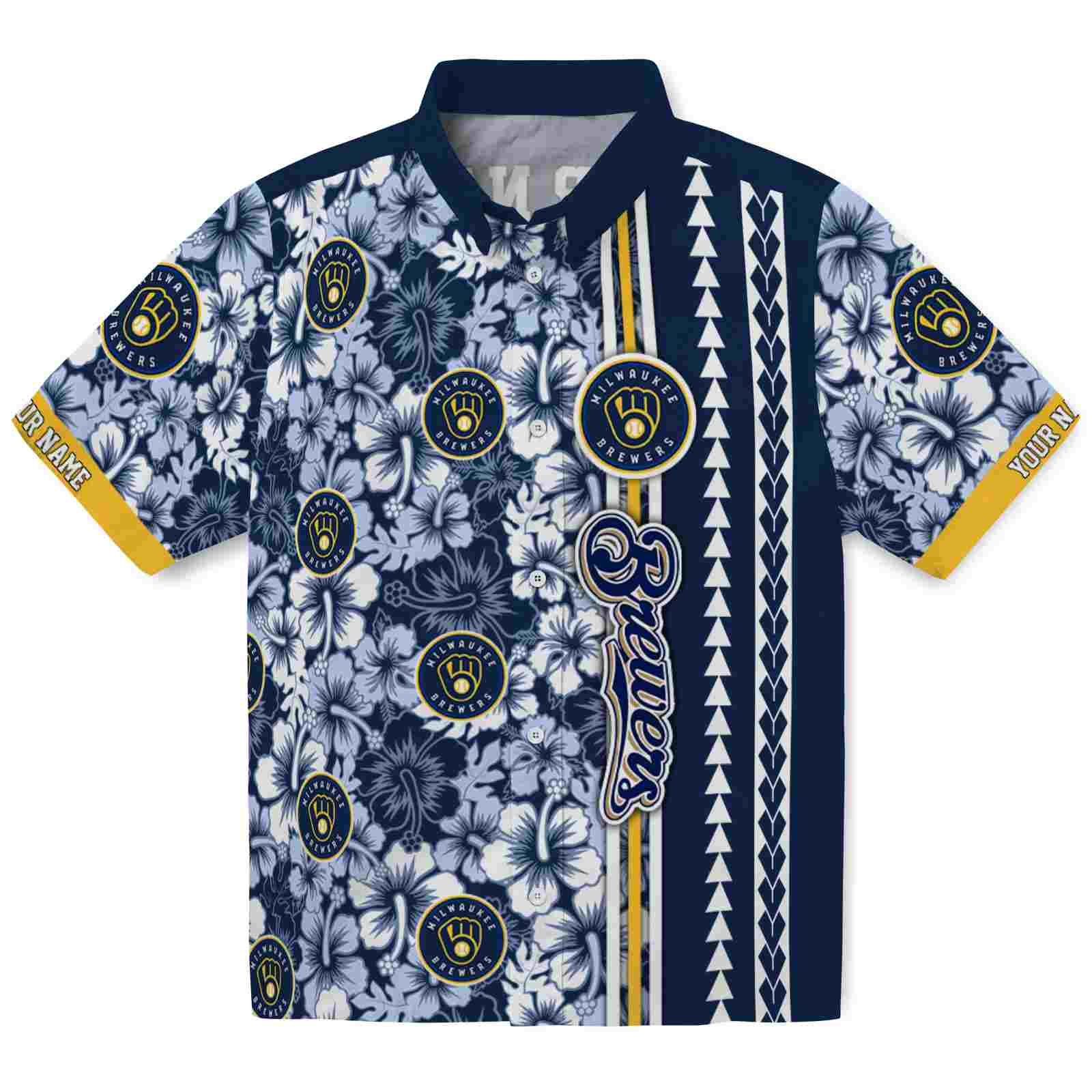 Keptsake Custom Milwaukee Brewers Hibiscus Arrows Navy Blue White Premium Hawaiian Shirt
