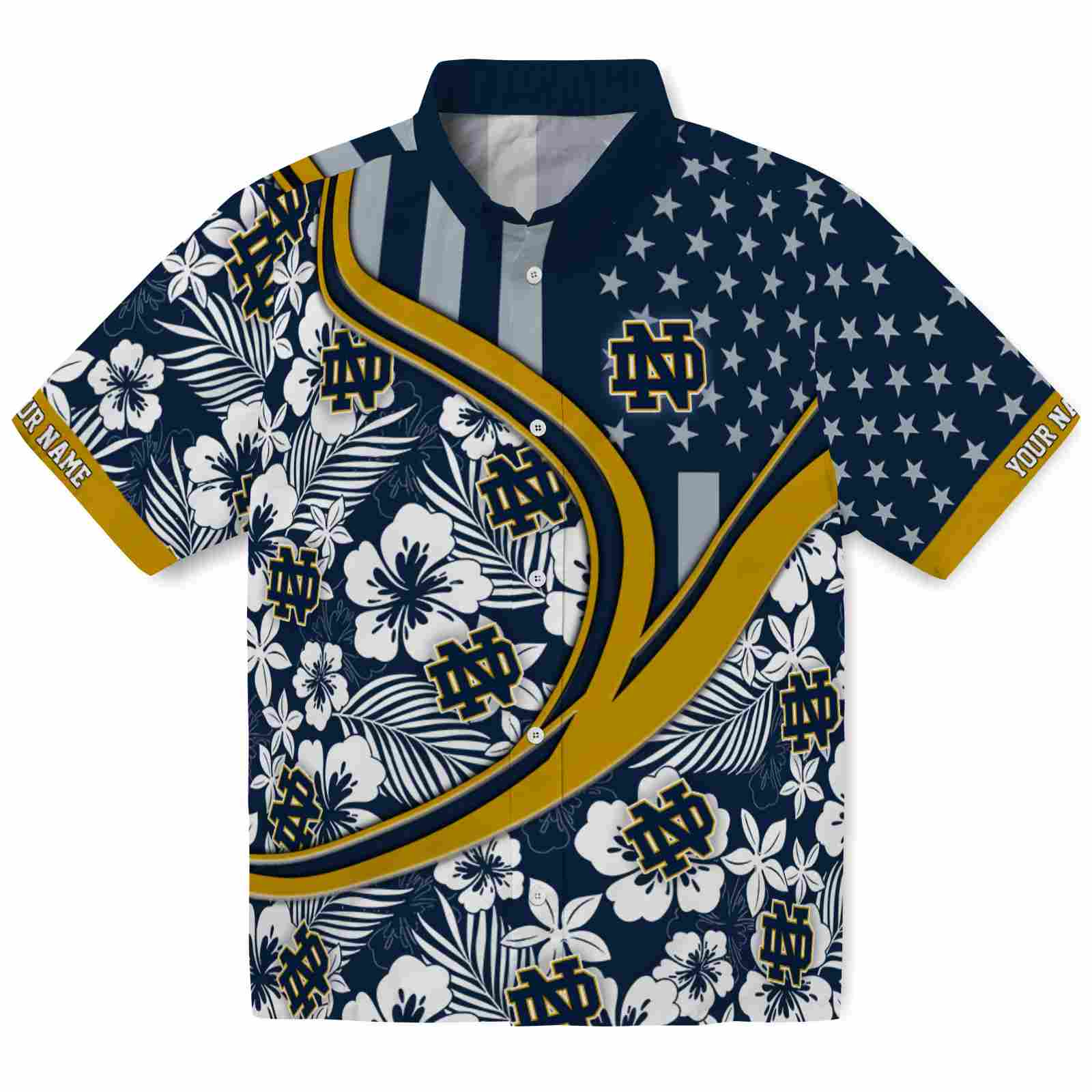 Keptsake Custom Notre Dame Fighting Irish Floral Wave Navy White Premium Hawaiian Shirt