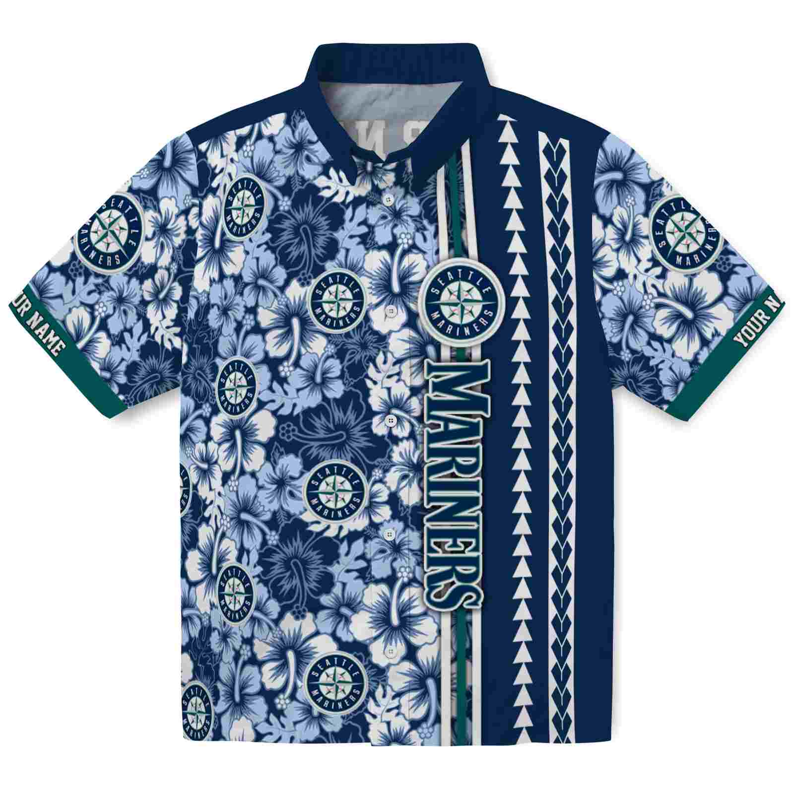 Keptsake Custom Seattle Mariners Hibiscus Arrows Navy Blue White Premium Hawaiian Shirt