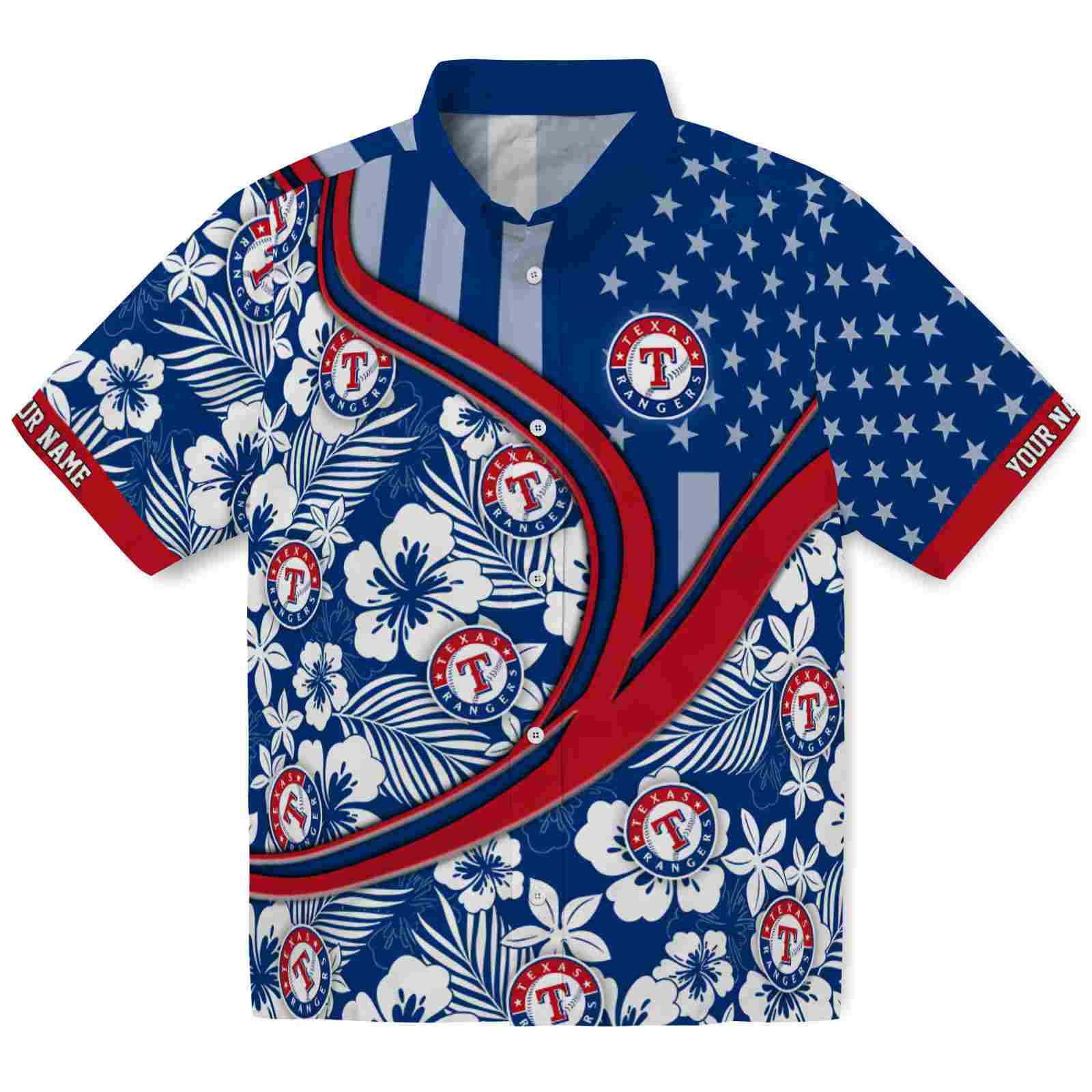 Keptsake Custom Texas Rangers Floral Wave Blue White Premium Hawaiian Shirt