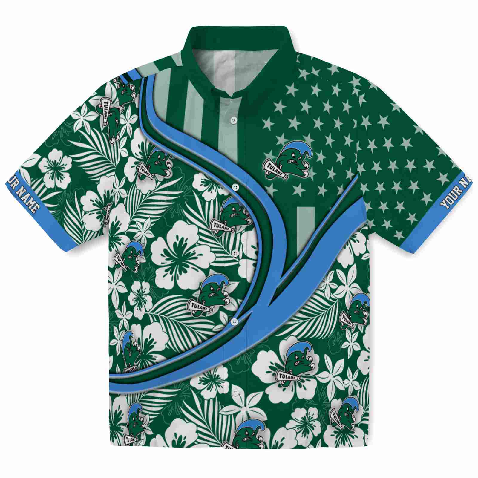 Keptsake Custom Tulane Green Wave Floral Wave Green White Premium Hawaiian Shirt