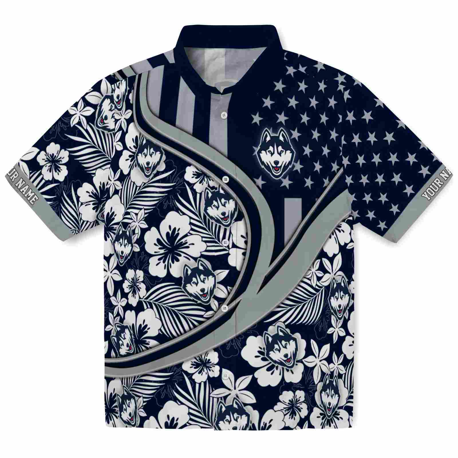 Keptsake Custom UConn Huskies Floral Wave Blue White Premium Hawaiian Shirt