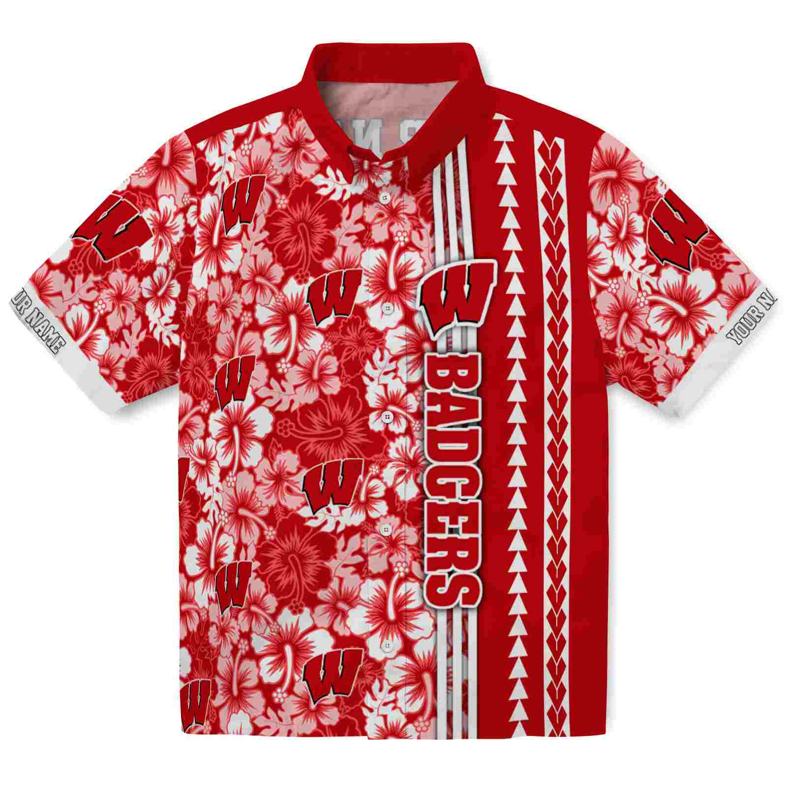 Keptsake Custom Wisconsin Badgers Hibiscus Arrows Red White Premium Hawaiian Shirt