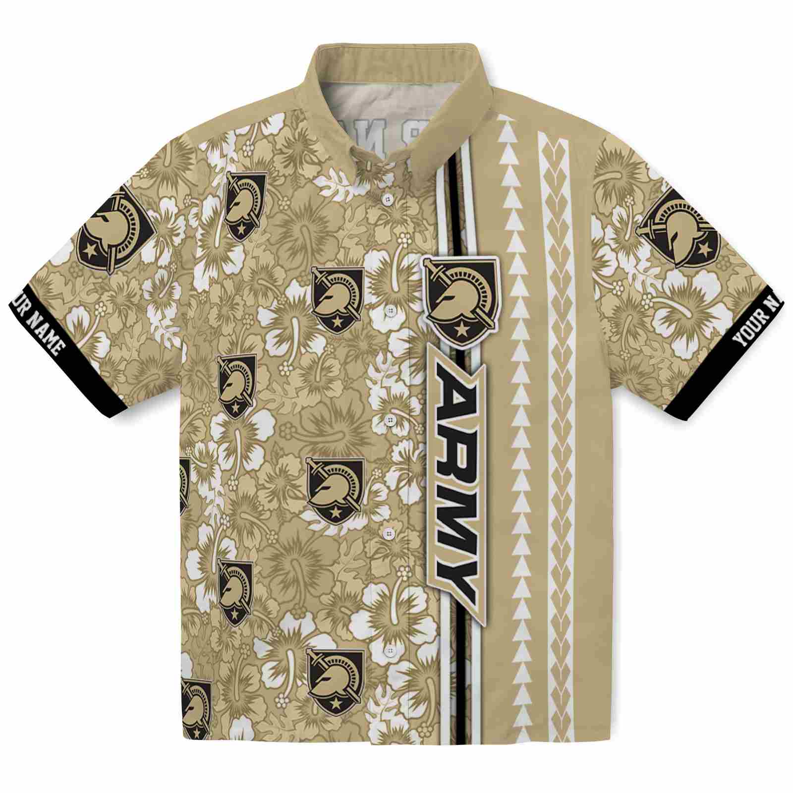 Keptsake Customized Army Black Knights Hibiscus Arrows Gold White Premium Hawaiian Shirt