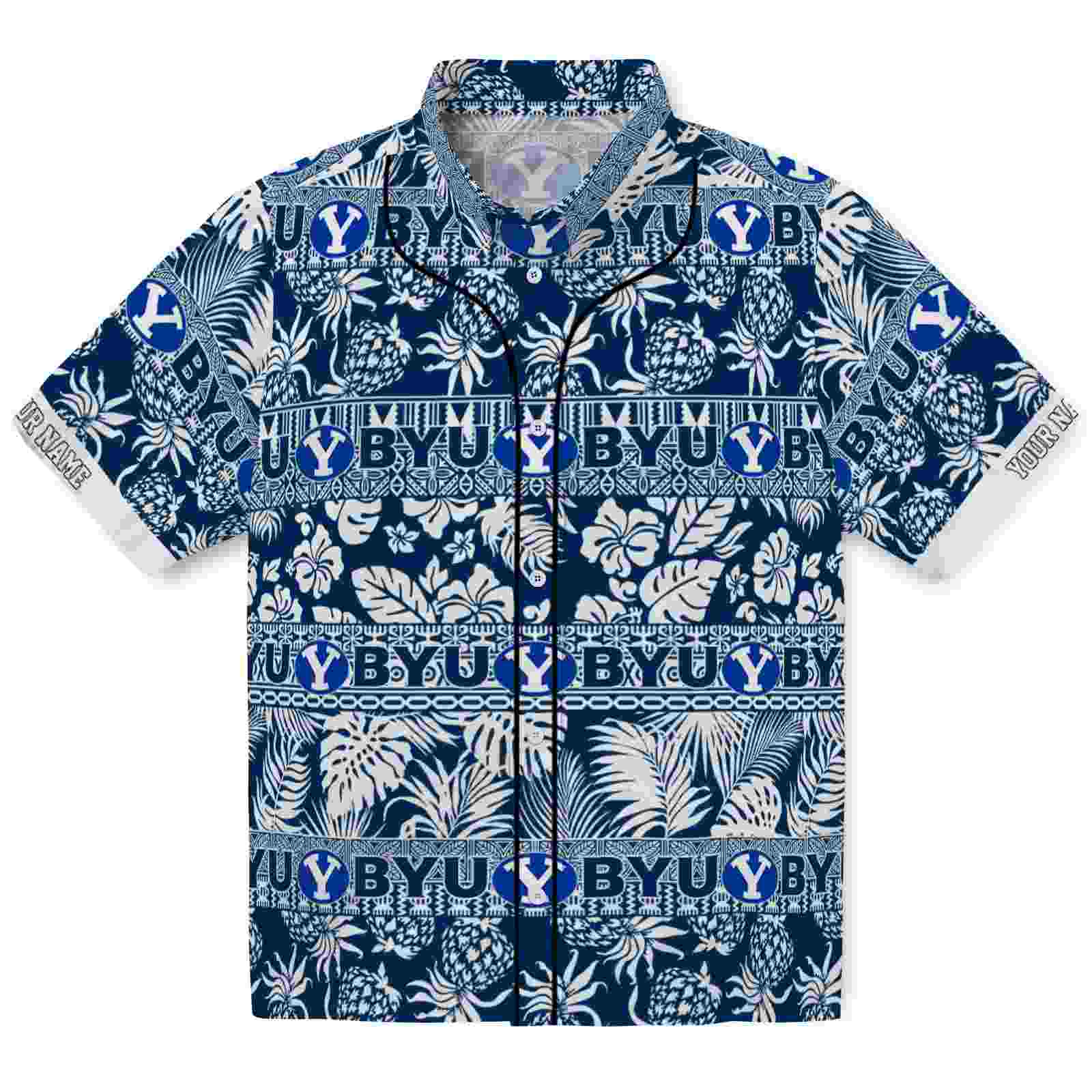 Keptsake Customized BYU Cougars Tribal Stripes Blue White Premium Hawaiian Shirt