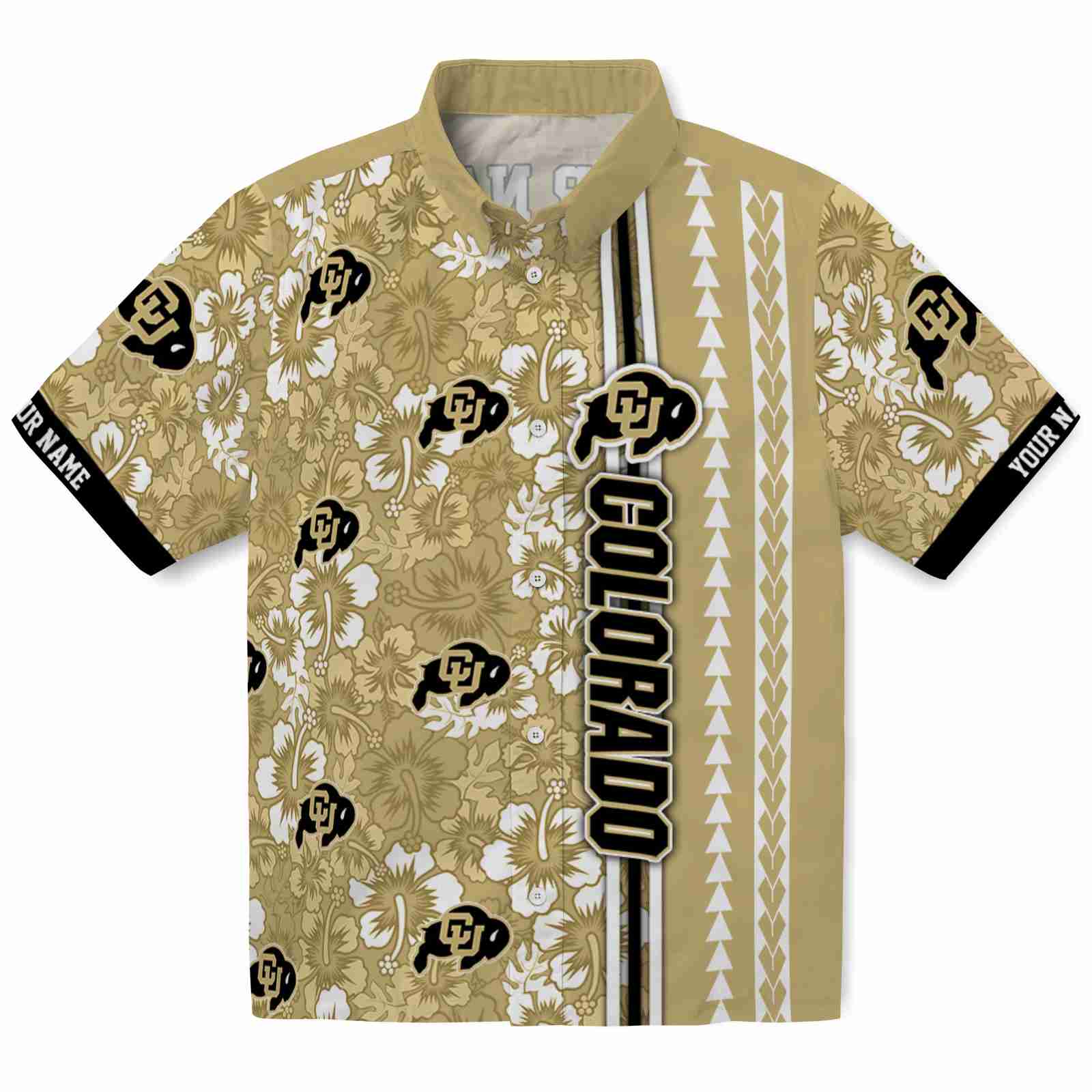 Keptsake Customized Colorado Buffaloes Hibiscus Arrows Gold White Premium Hawaiian Shirt
