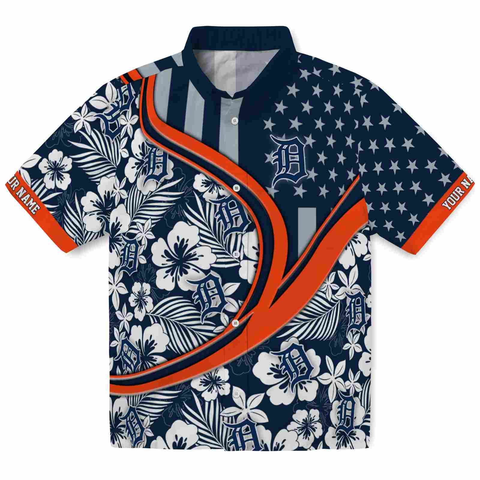 Keptsake Customized Detroit Tigers Floral Wave Navy White Premium Hawaiian Shirt