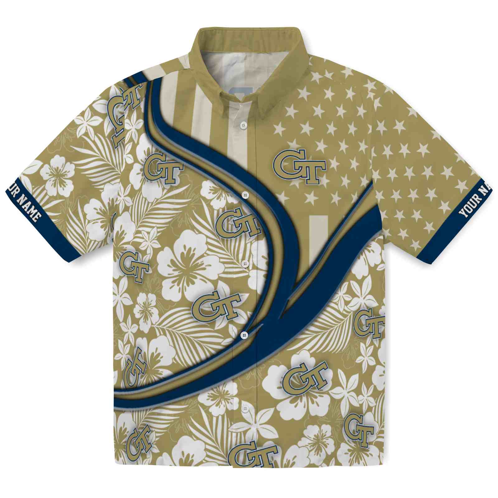 Keptsake Customized Georgia Tech Yellow Jackets Floral Wave Gold White Premium Hawaiian Shirt