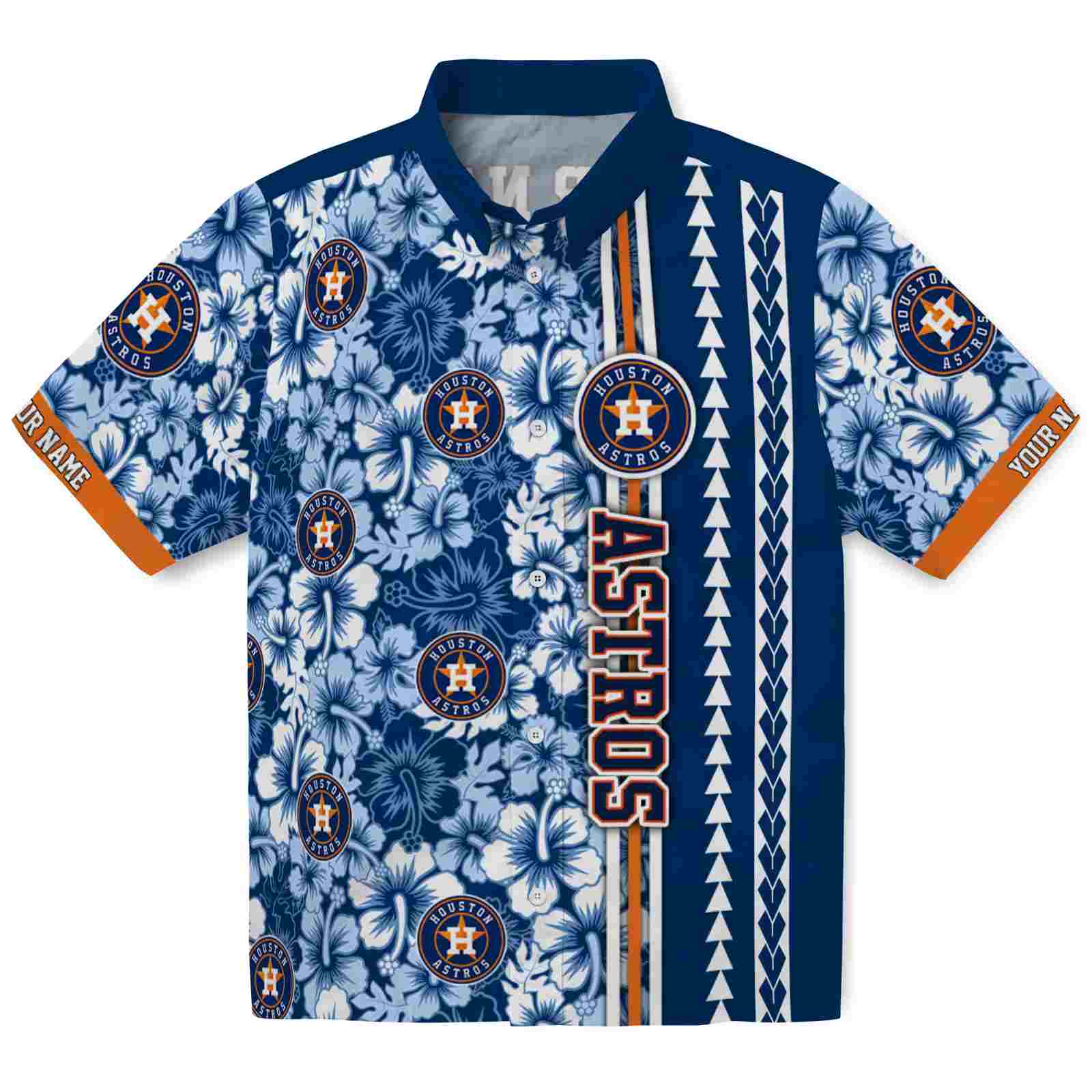 Keptsake Customized Houston Astros Hibiscus Arrows Blue White Premium Hawaiian Shirt
