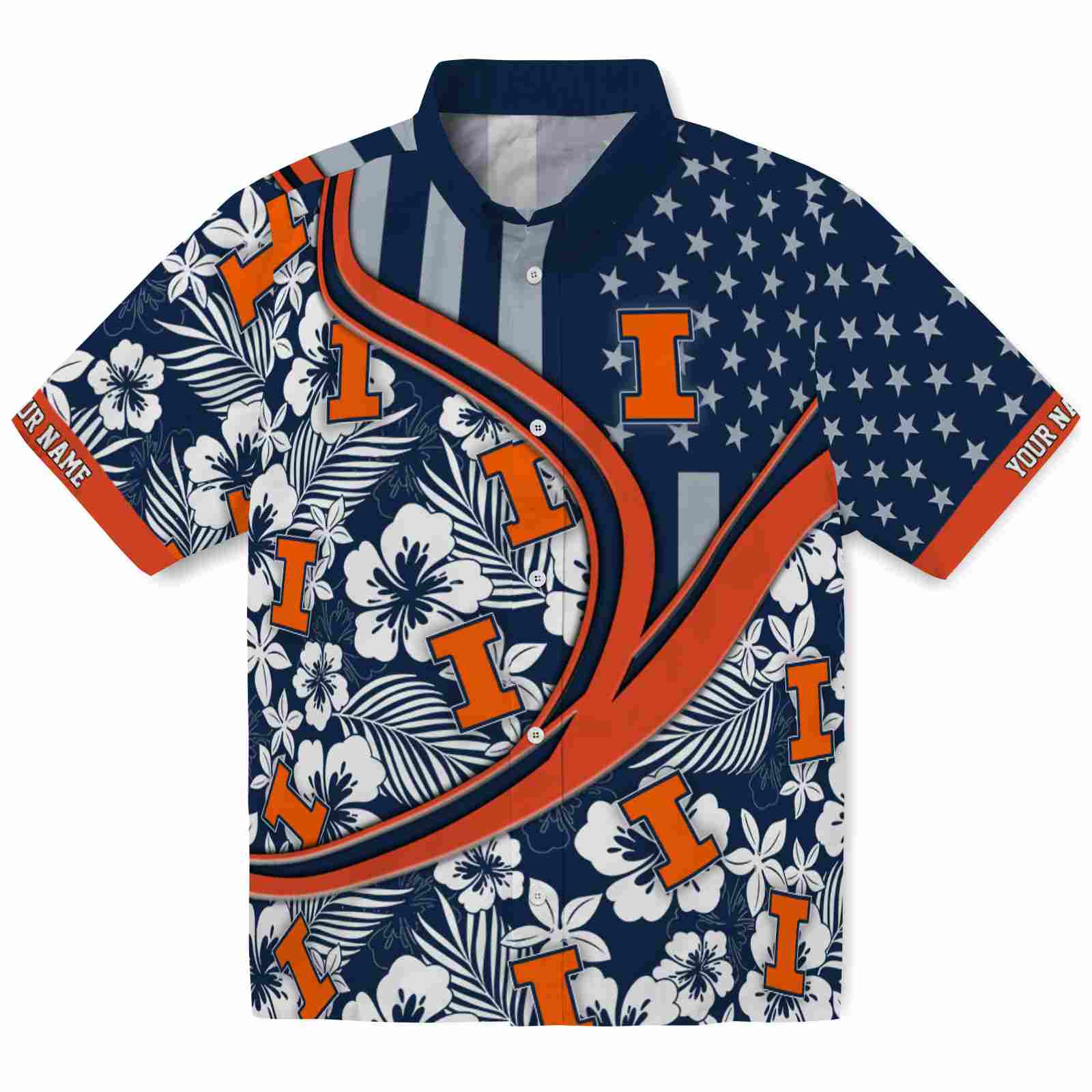 Keptsake Customized Illinois Fighting Illini Floral Wave Blue White Premium Hawaiian Shirt