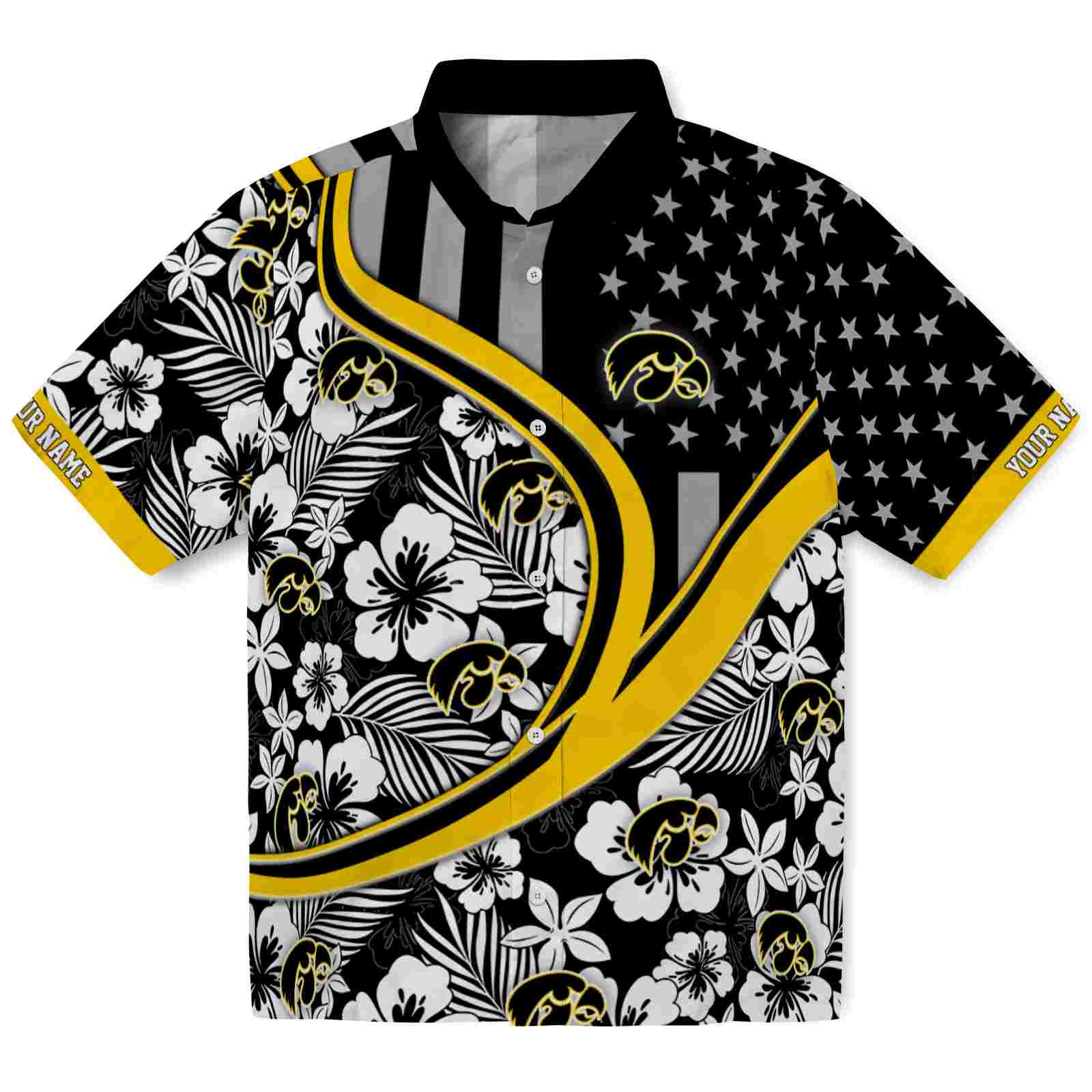 Keptsake Customized Iowa Hawkeyes Floral Wave Black White Premium Hawaiian Shirt