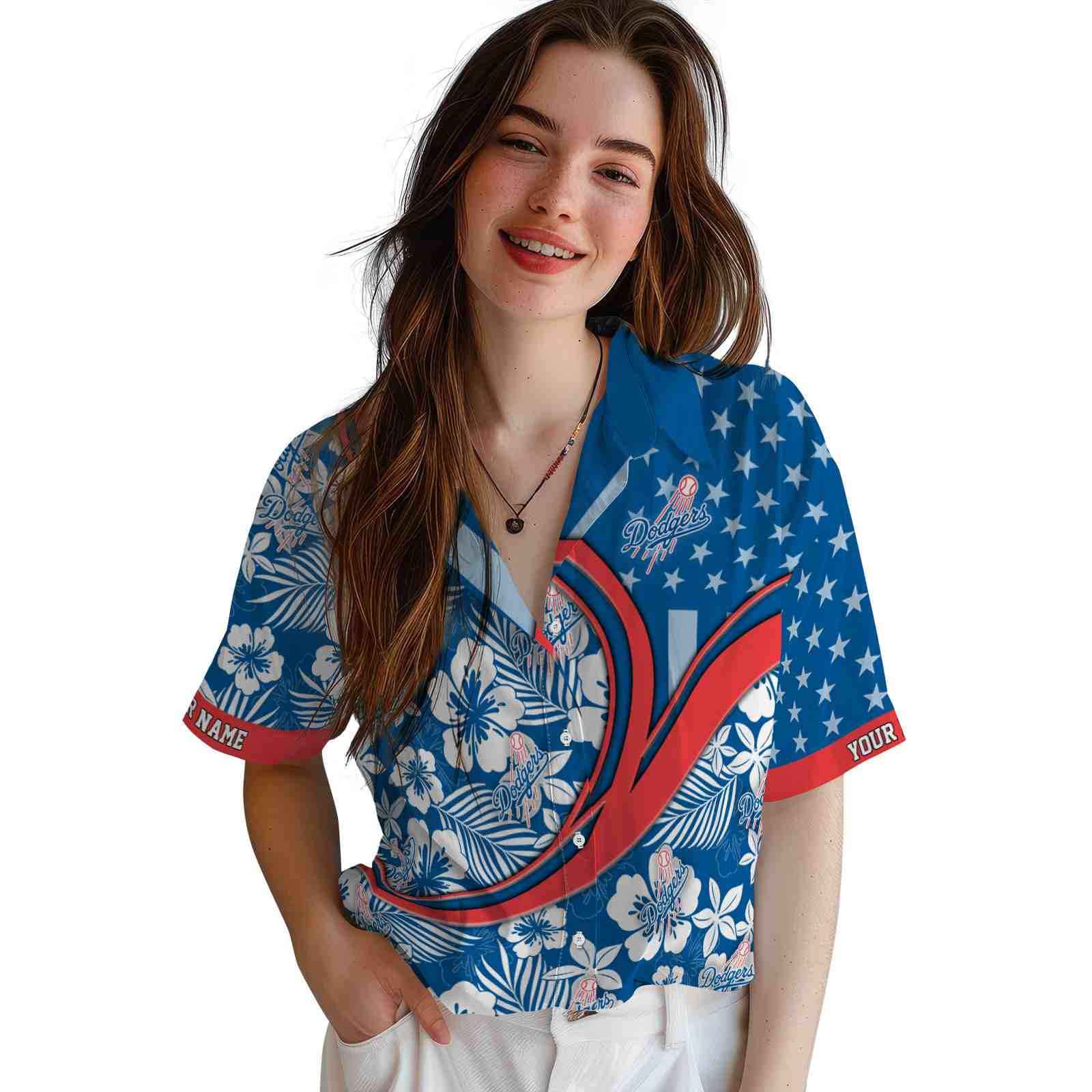 Keptsake Customized Los Angeles Dodgers Floral Wave Blue White Premium Hawaiian Shirt - Image 4