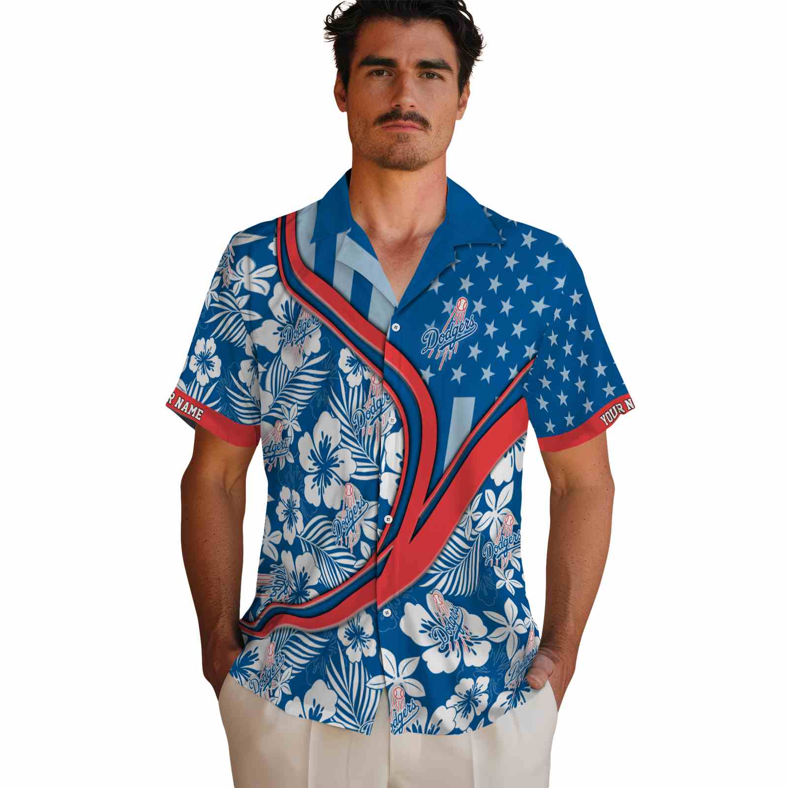 Keptsake Customized Los Angeles Dodgers Floral Wave Blue White Premium Hawaiian Shirt - Image 2