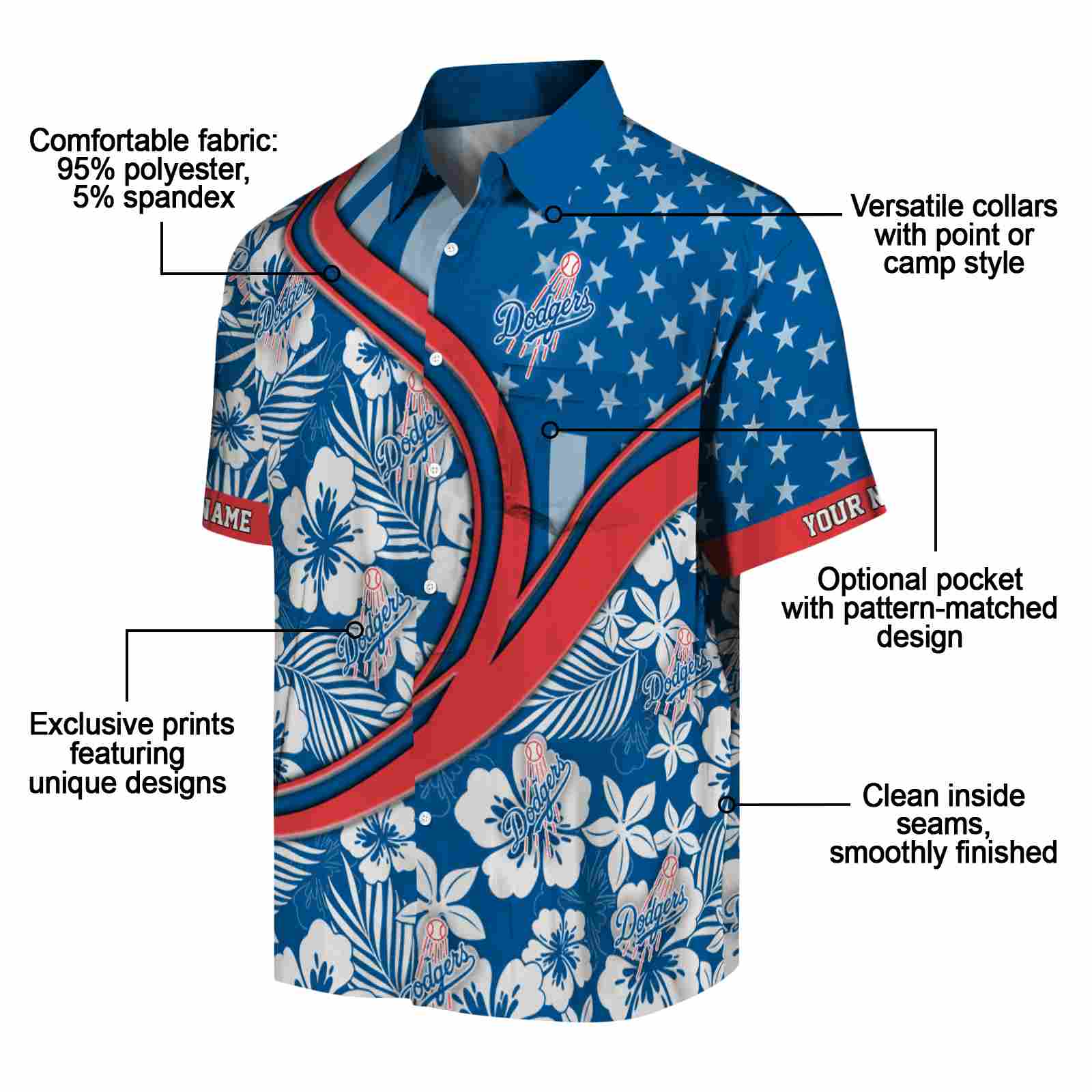 Keptsake Customized Los Angeles Dodgers Floral Wave Blue White Premium Hawaiian Shirt - Image 5