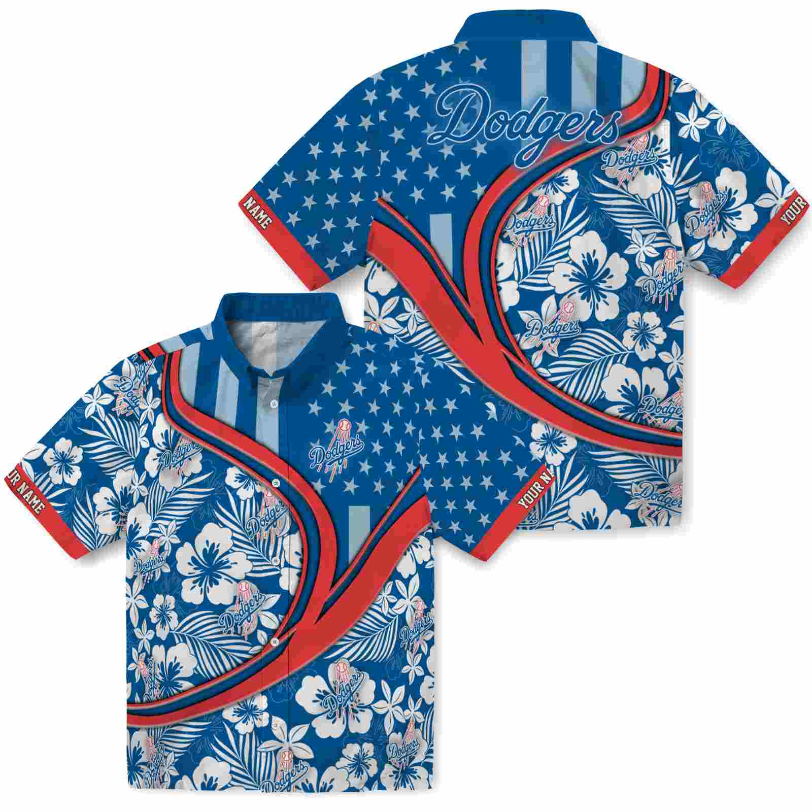 Keptsake Customized Los Angeles Dodgers Floral Wave Blue White Premium Hawaiian Shirt - Image 3