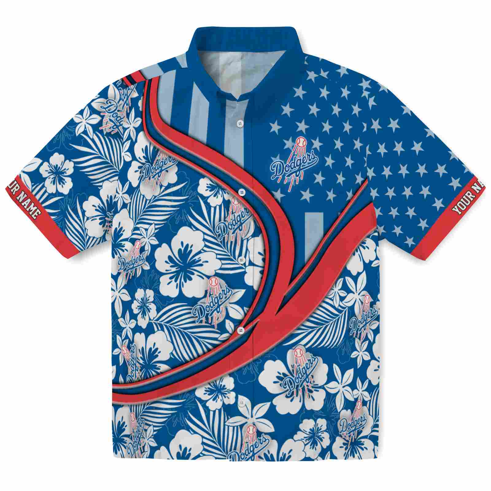Keptsake Customized Los Angeles Dodgers Floral Wave Blue White Premium Hawaiian Shirt