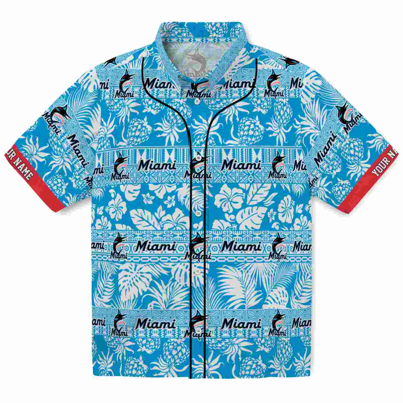 Keptsake Customized Miami Marlins Tribal Stripes Blue White Premium Hawaiian Shirt