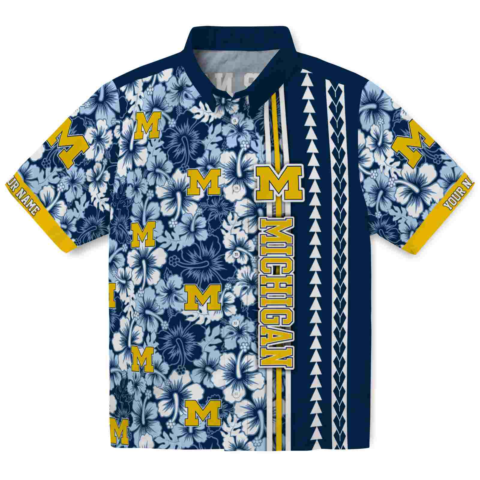 Keptsake Customized Michigan Wolverines Hibiscus Arrows Blue White Premium Hawaiian Shirt