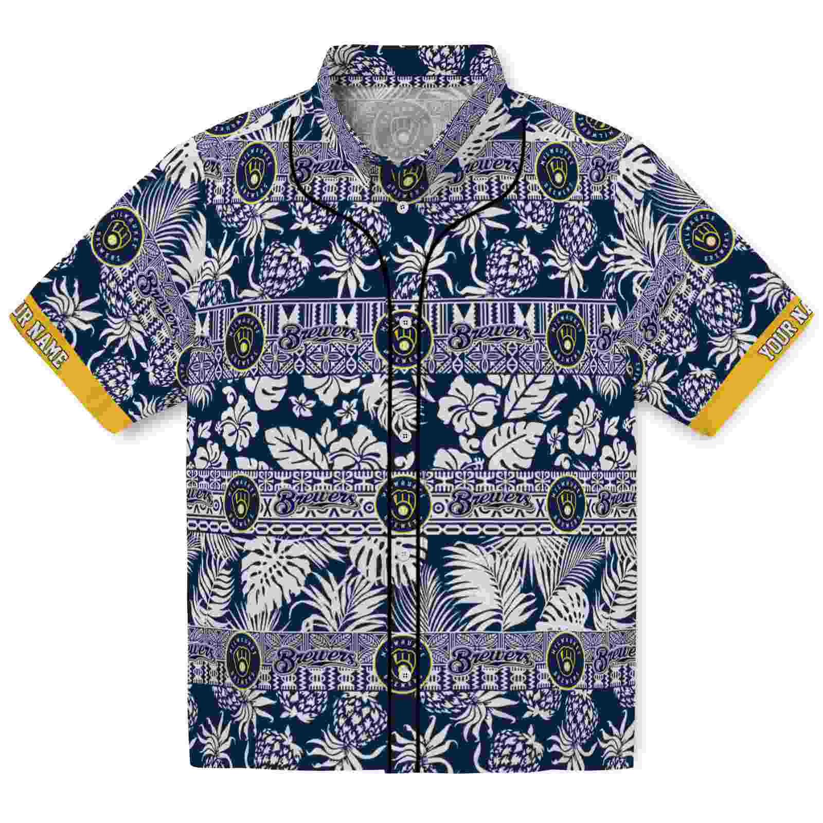 Keptsake Customized Milwaukee Brewers Tribal Stripes Navy Blue White Premium Hawaiian Shirt
