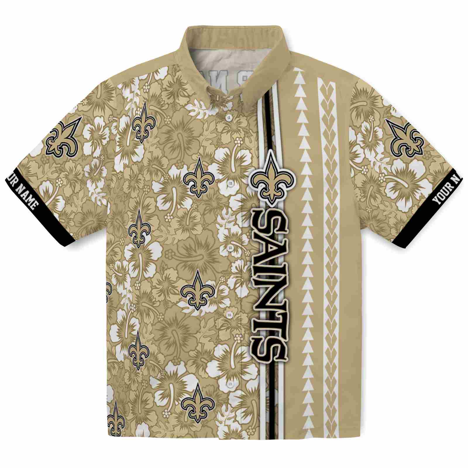 Keptsake Customized New Orleans Saints Hibiscus Arrows Gold White Premium Hawaiian Shirt