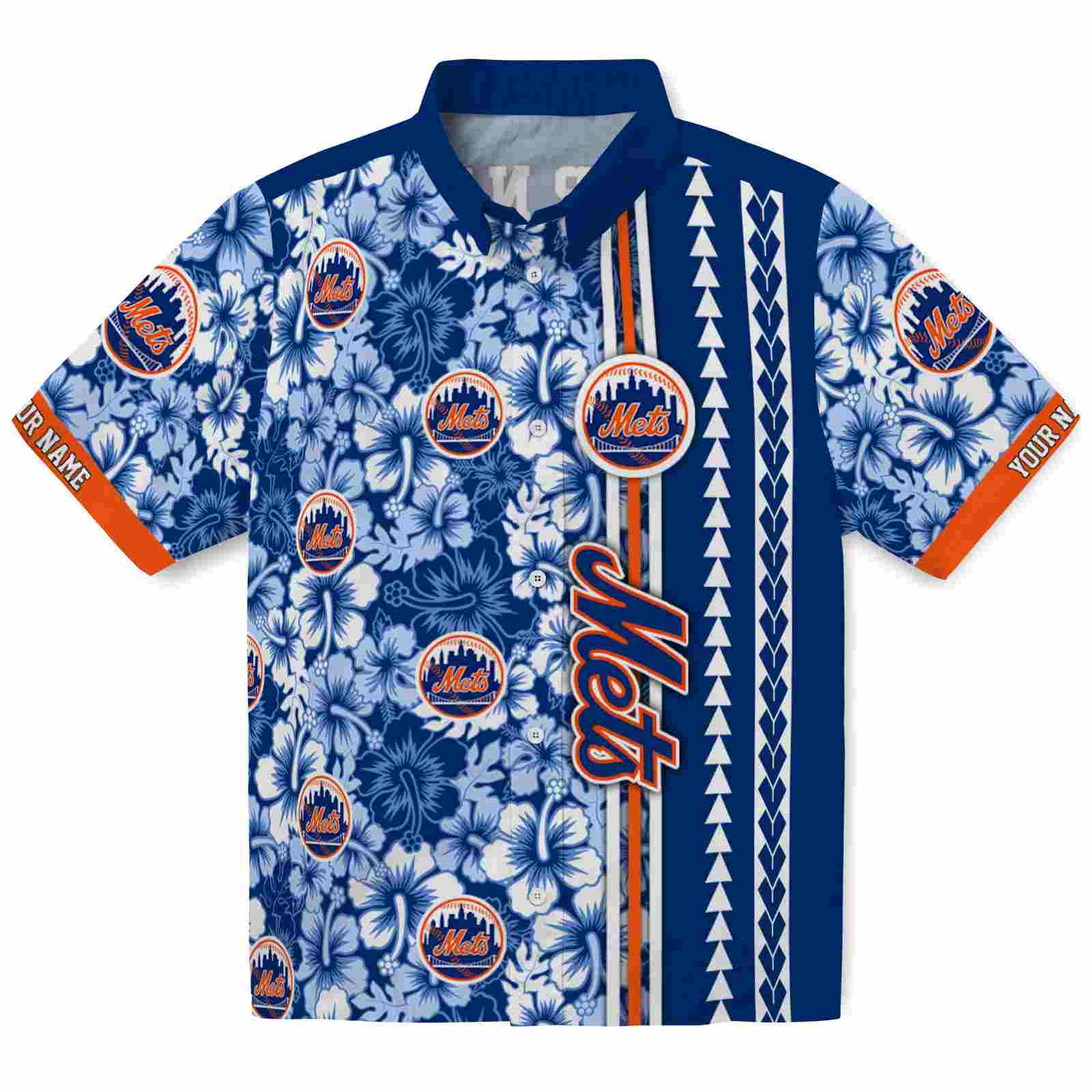 Keptsake Customized New York Mets Hibiscus Arrows Blue White Premium Hawaiian Shirt