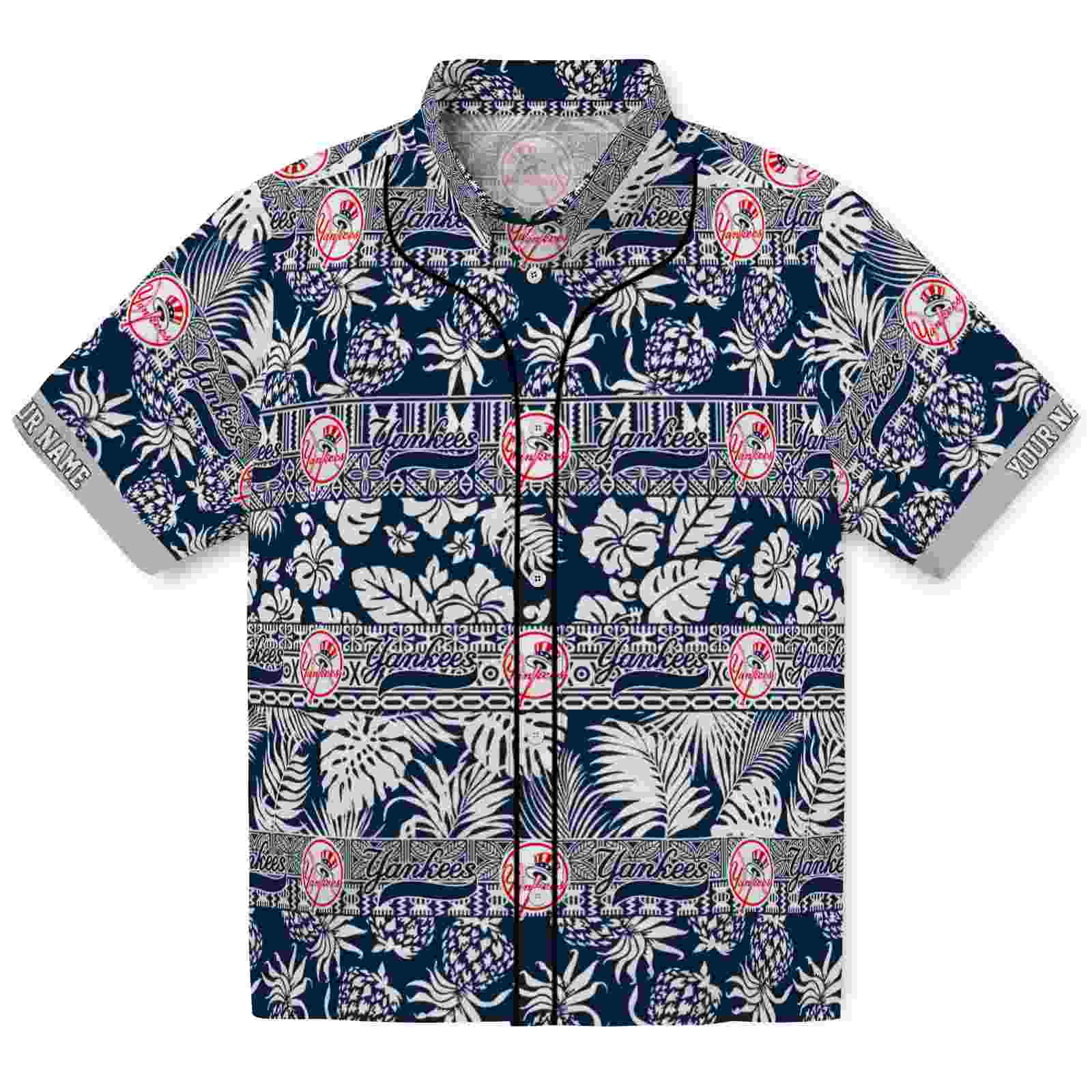Keptsake Customized New York Yankees Tribal Stripes Navy White Premium Hawaiian Shirt