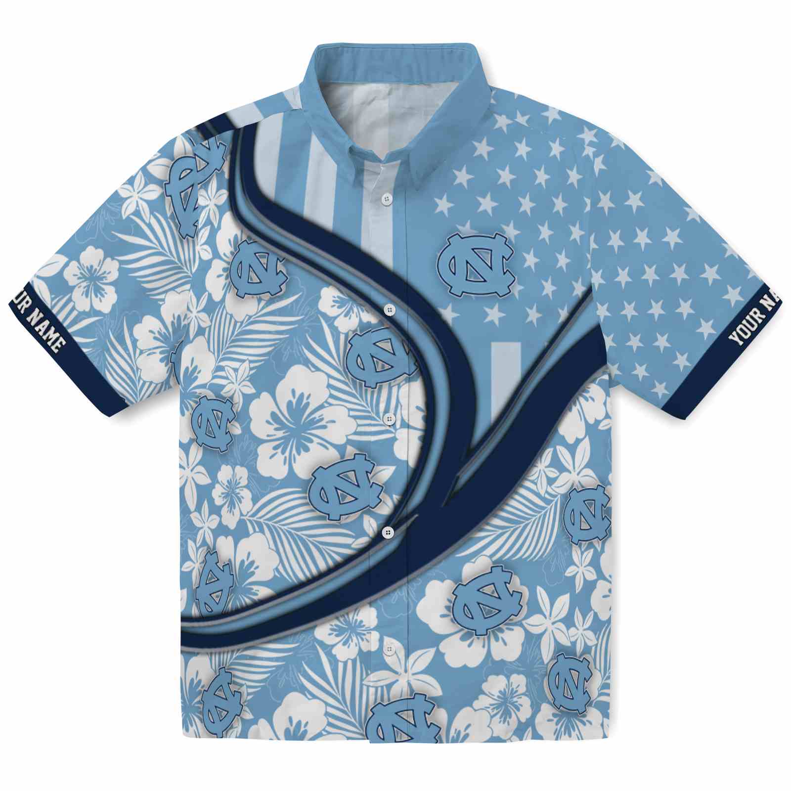 Keptsake Customized North Carolina Tar Heels Floral Wave Light Blue White Premium Hawaiian Shirt