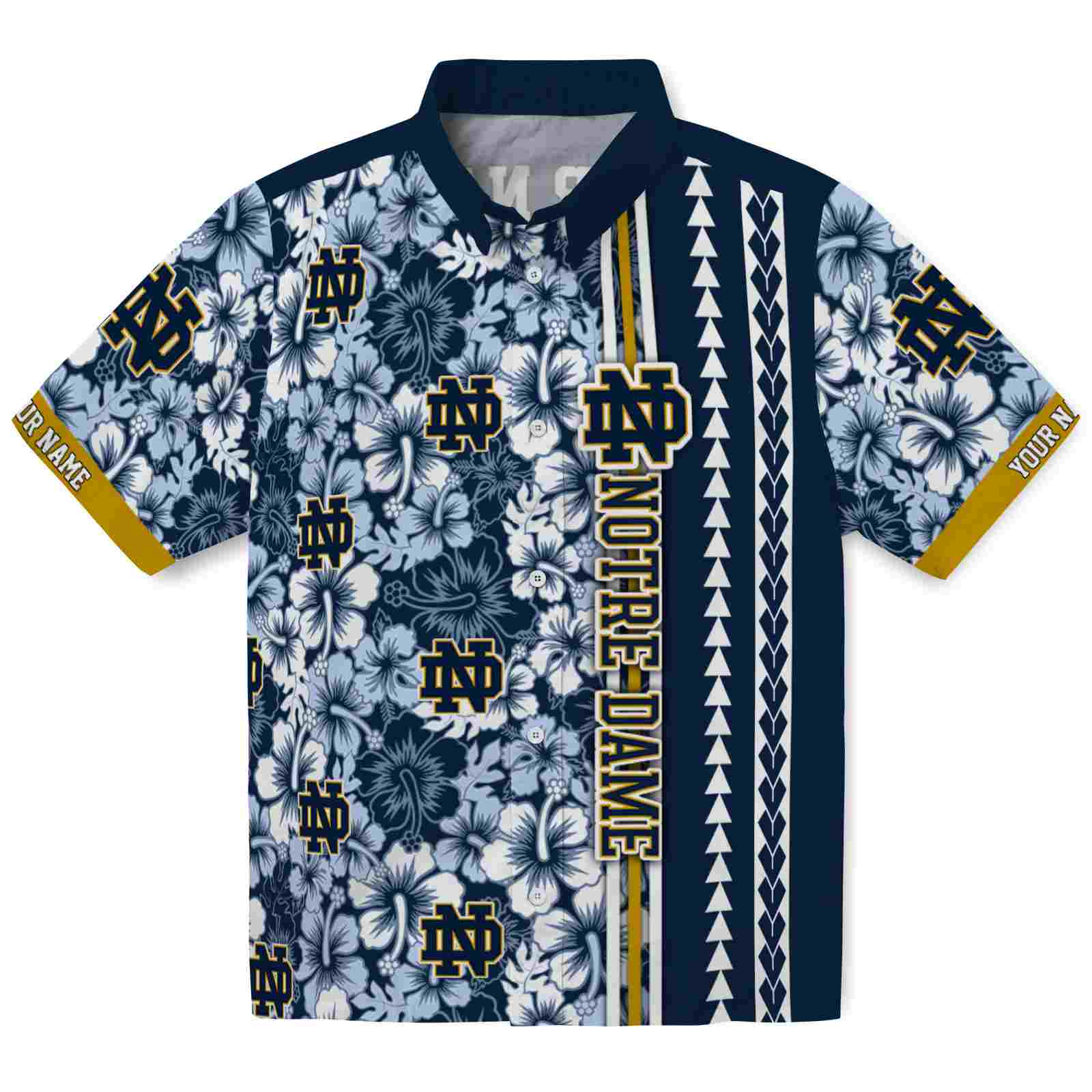 Keptsake Customized Notre Dame Fighting Irish Hibiscus Arrows Navy White Premium Hawaiian Shirt