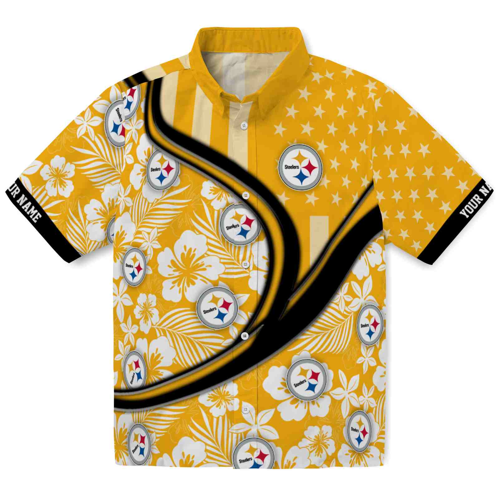 Keptsake Customized Pittsburgh Steelers Floral Wave Gold White Premium Hawaiian Shirt