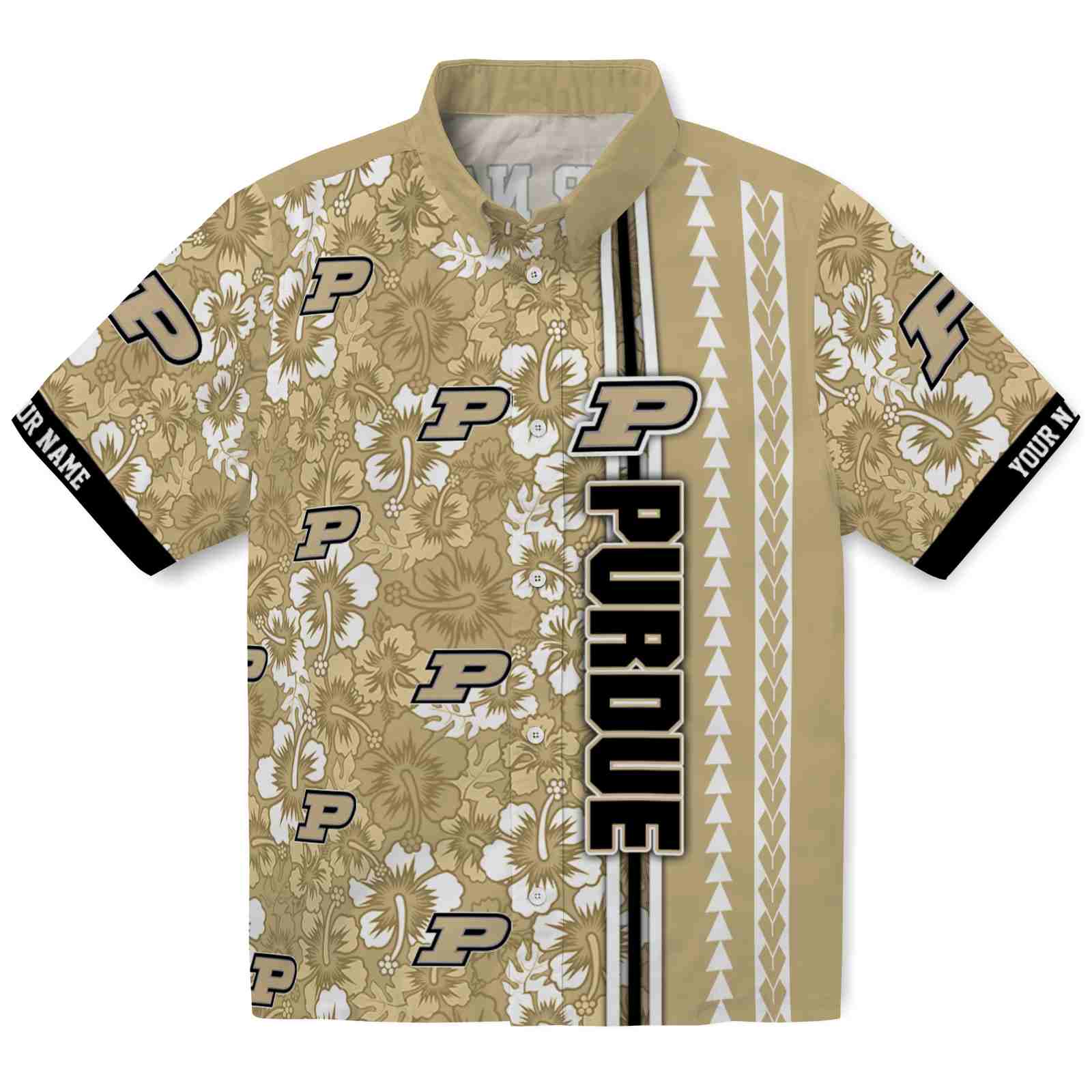 Keptsake Customized Purdue Boilermakers Hibiscus Arrows Gold White Premium Hawaiian Shirt