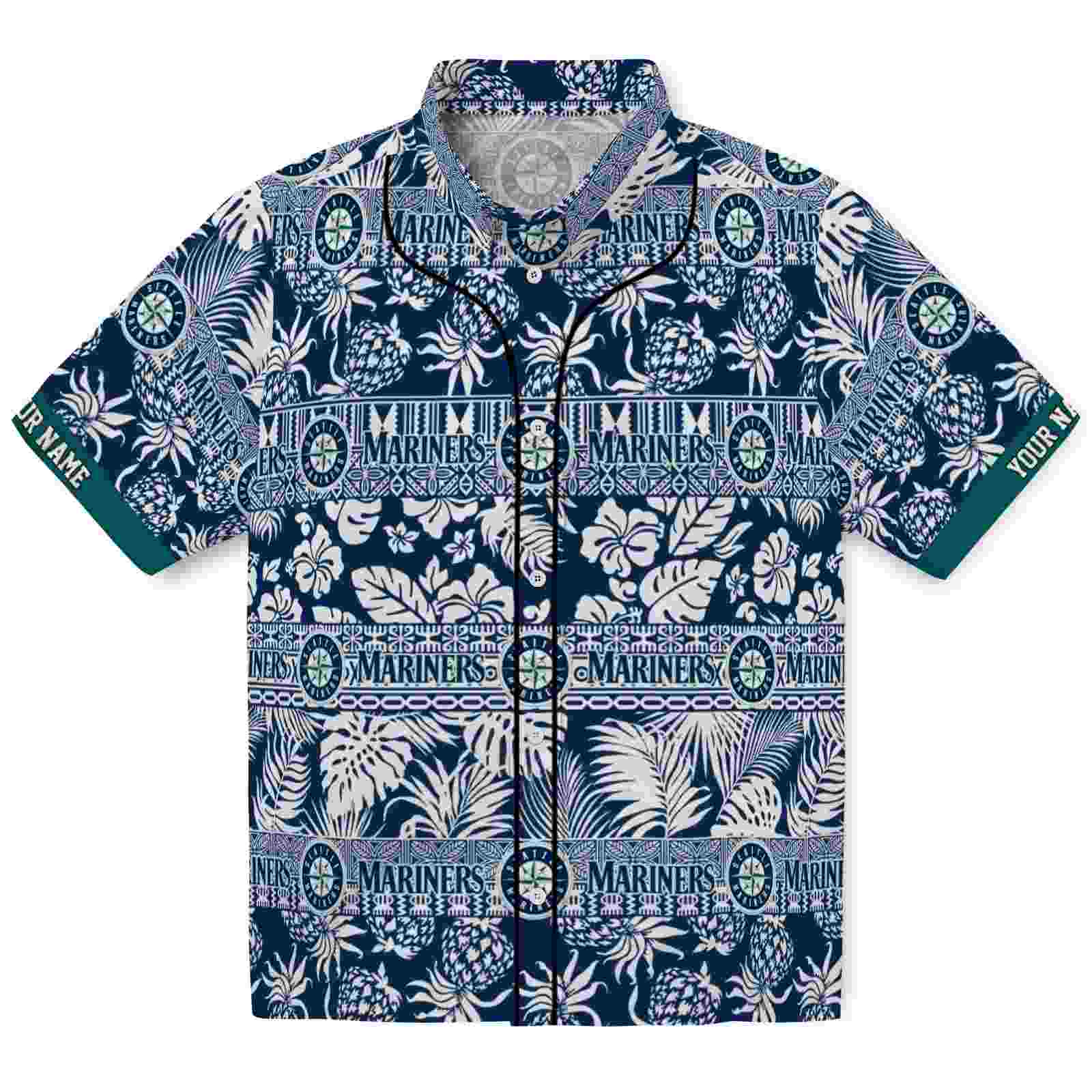 Keptsake Customized Seattle Mariners Tribal Stripes Navy Blue White Premium Hawaiian Shirt