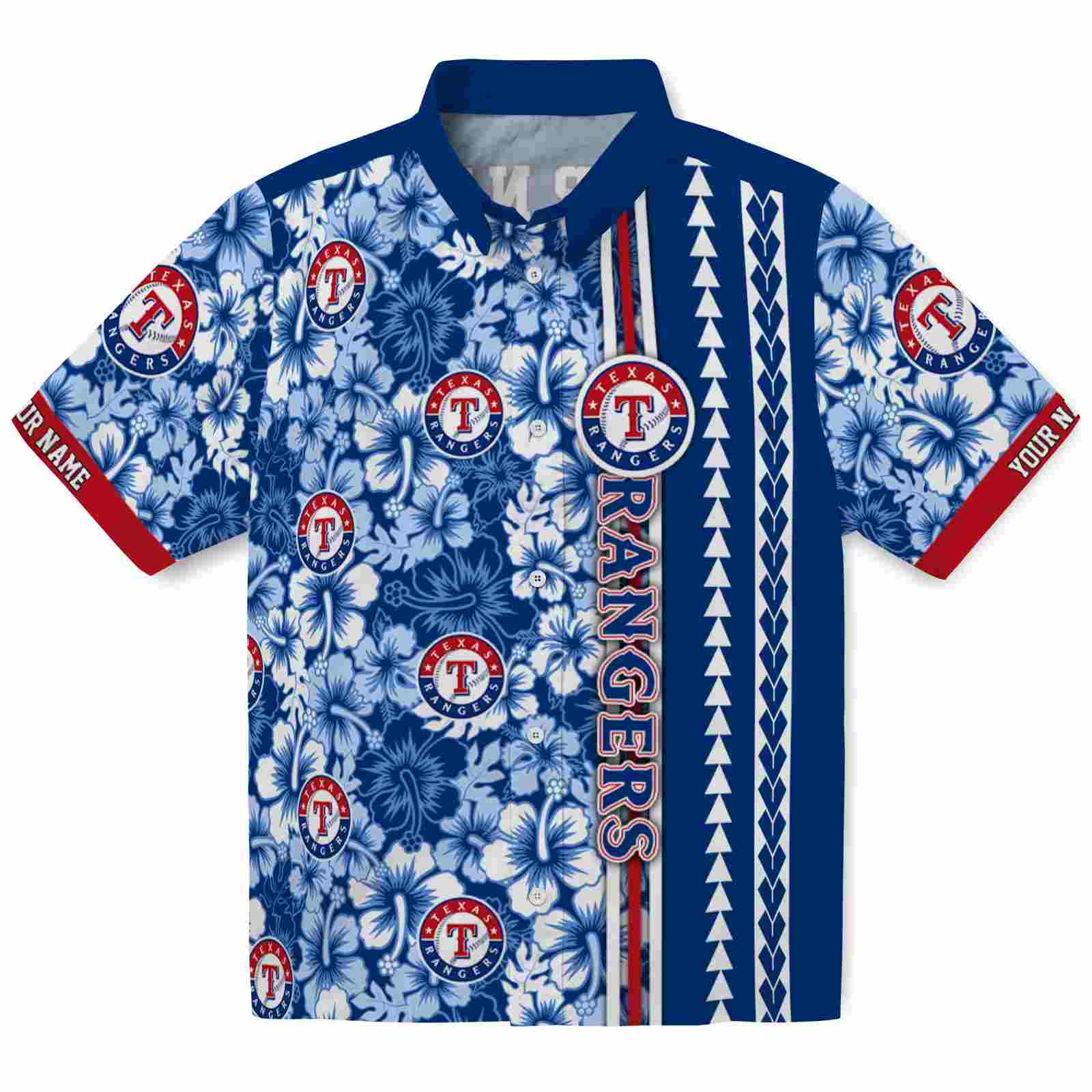 Keptsake Customized Texas Rangers Hibiscus Arrows Blue White Premium Hawaiian Shirt