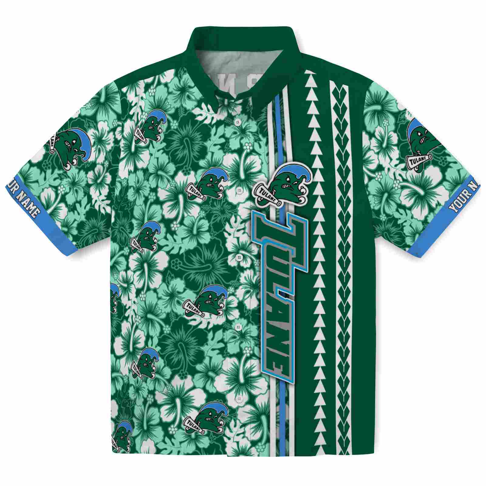 Keptsake Customized Tulane Green Wave Hibiscus Arrows Green White Premium Hawaiian Shirt