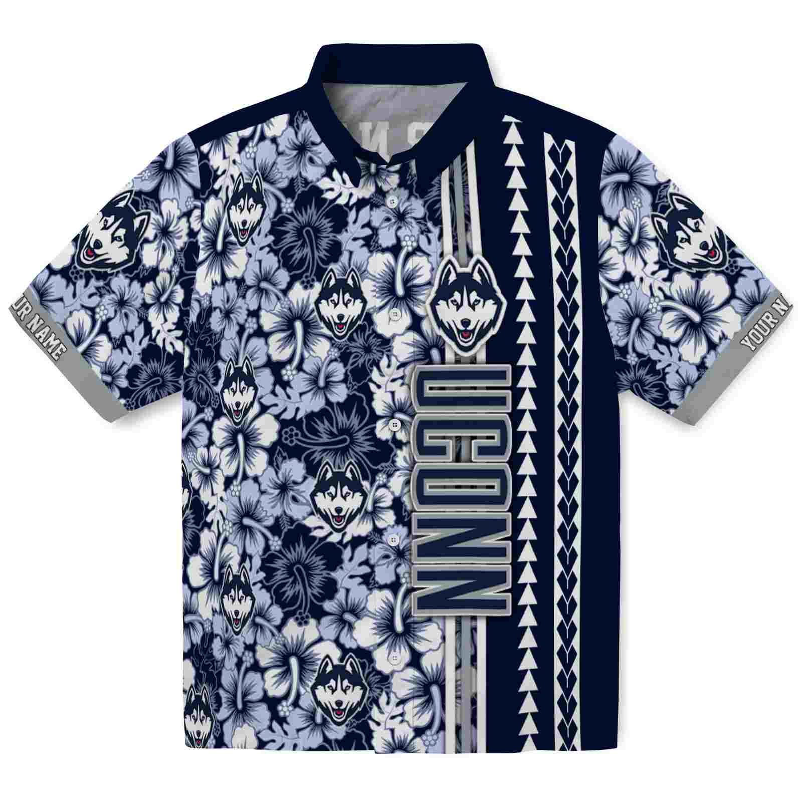 Keptsake Customized UConn Huskies Hibiscus Arrows Blue White Premium Hawaiian Shirt
