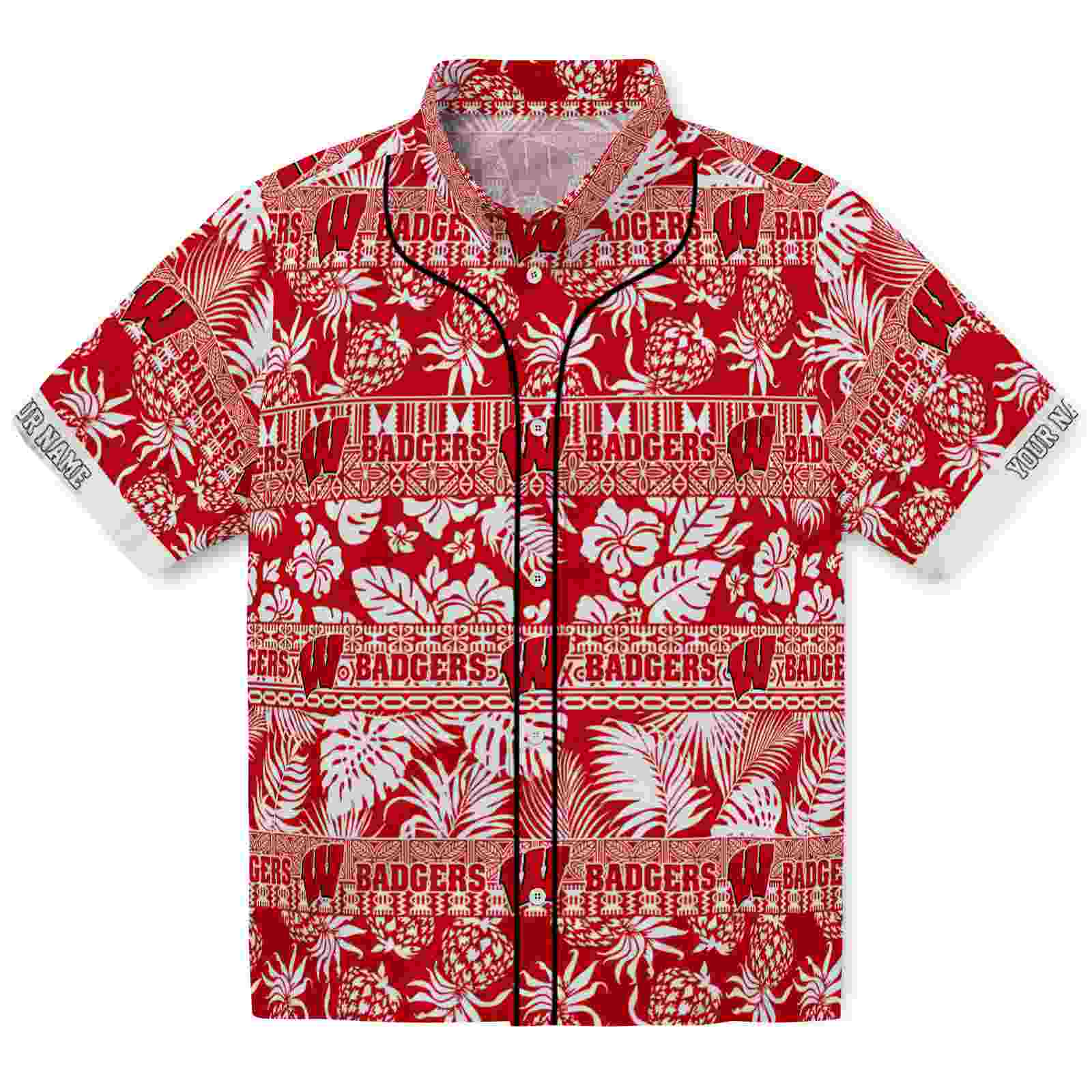 Keptsake Customized Wisconsin Badgers Tribal Stripes Red White Premium Hawaiian Shirt