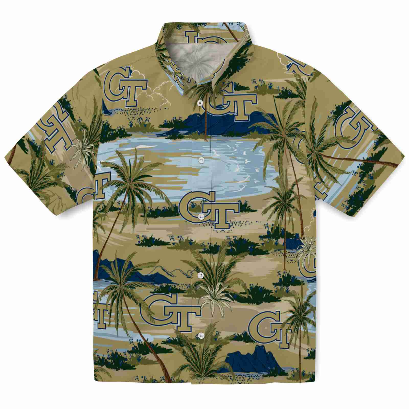 Keptsake Georgia Tech Yellow Jackets Palm Horizon Gold Premium Hawaiian Shirt