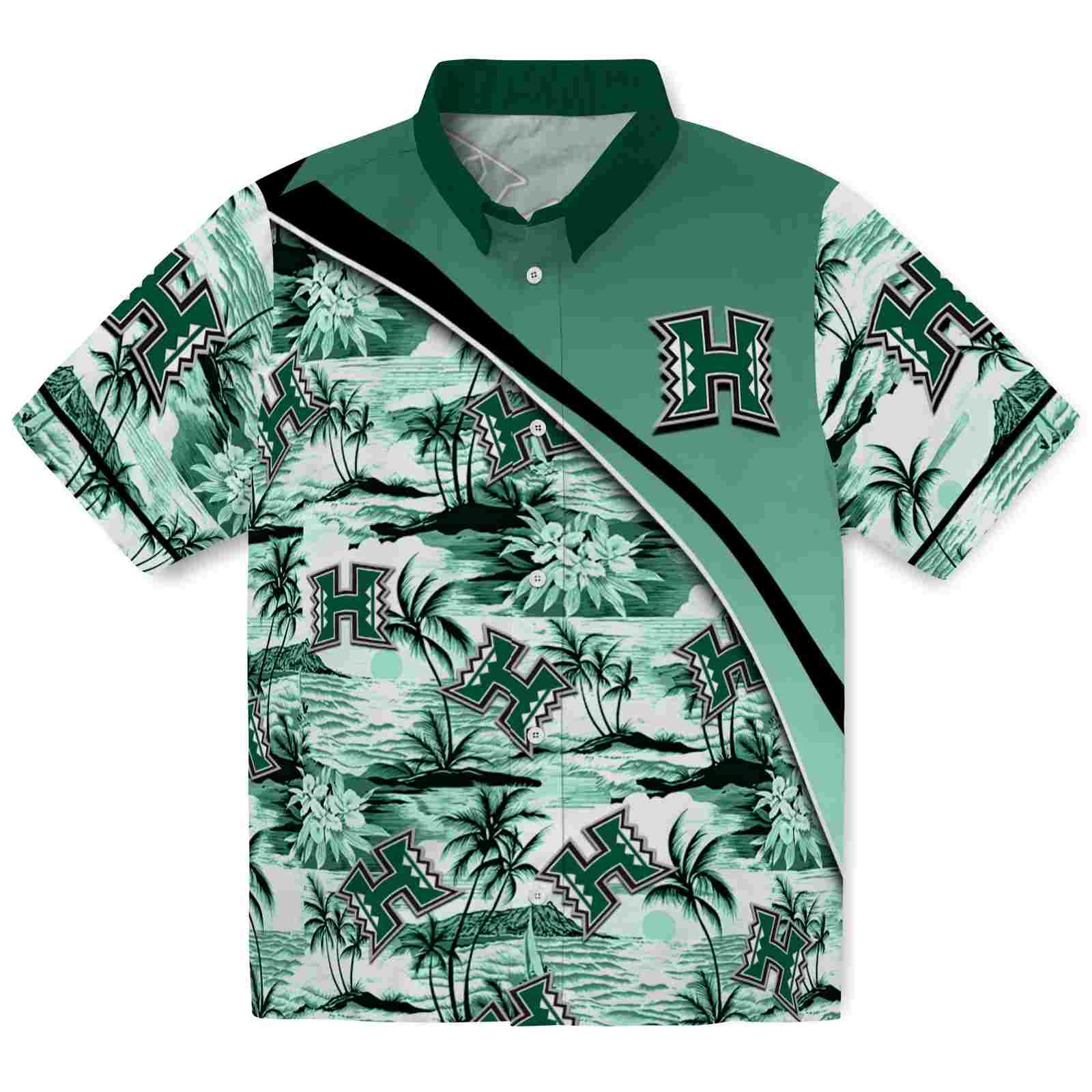 Keptsake Hawaii Rainbow Warriors Sunset Palms Green White Premium Hawaiian Shirt