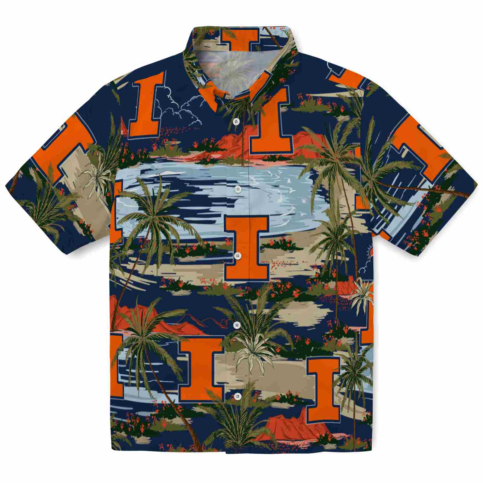 Keptsake Illinois Fighting Illini Palm Horizon Blue Premium Hawaiian Shirt