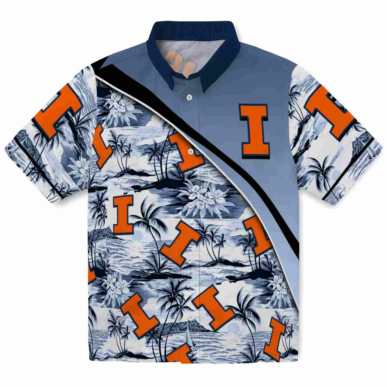 Keptsake Illinois Fighting Illini Sunset Palms Blue White Premium Hawaiian Shirt